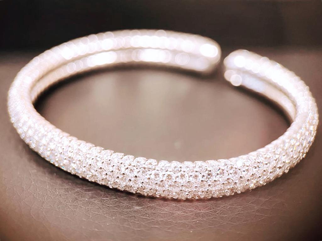 Women's A 12 Carats Pave' Set Fancy White Diamond Bangle, 9mm Width For Sale