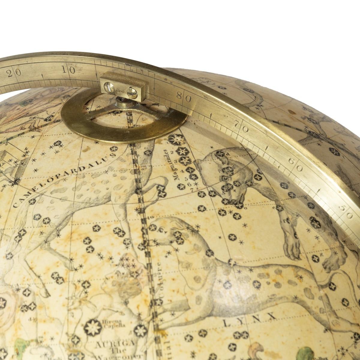 A 12 inch celestial table globe by Harris and Son, the horizon ring, with the original papers, set on four turned mahogany legs, the label stating ‘Improved celestial globe, the stars laid down to the Year 1820. The days for the average of the leap