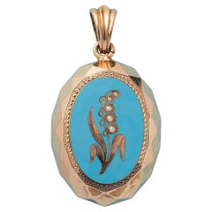 14 Carat Gold Antique Lily-of-the-valley Locket with Blue Enamel and Pearls