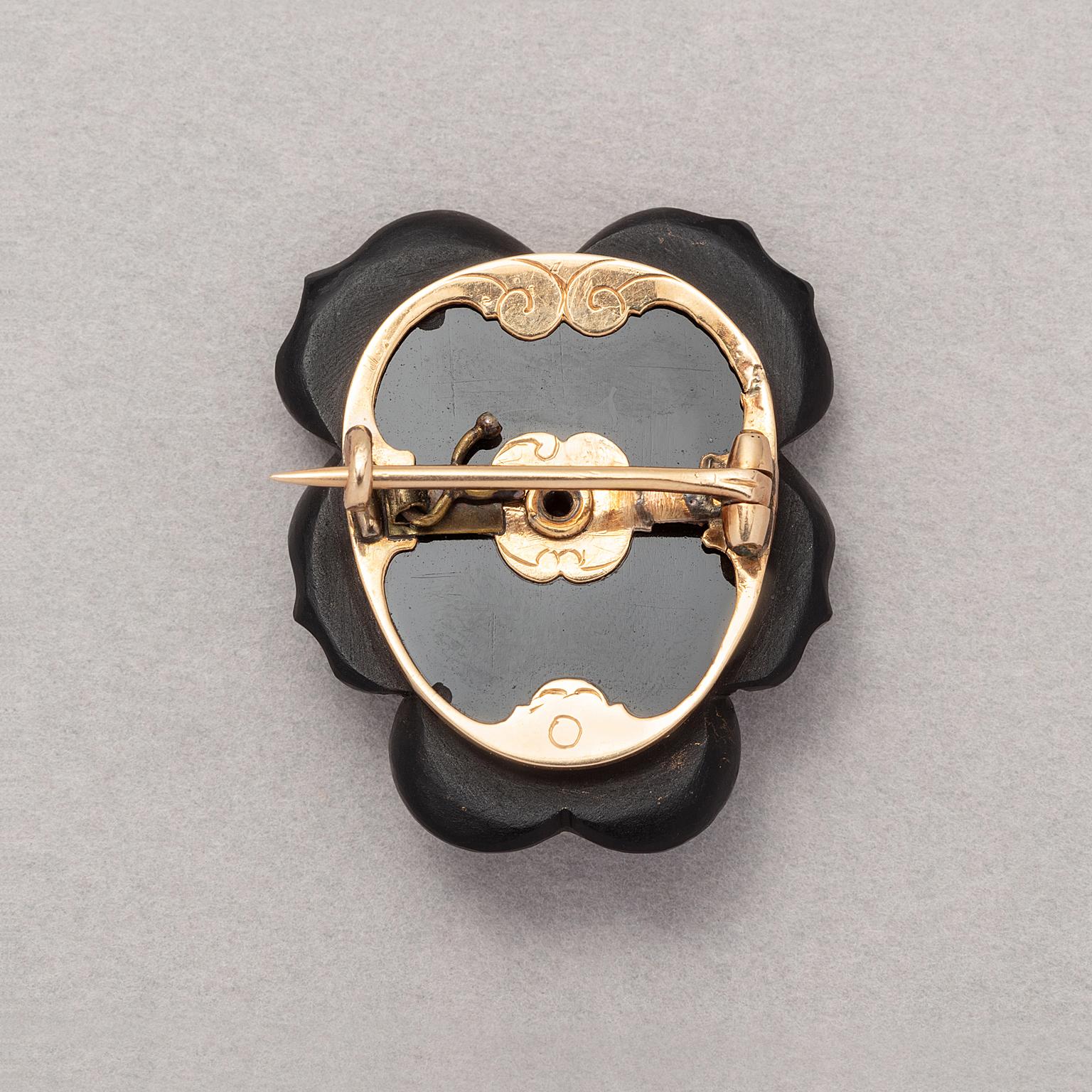 Old Mine Cut A 14 Carat Gold Pansy Brooch with Onyx and Diamond For Sale