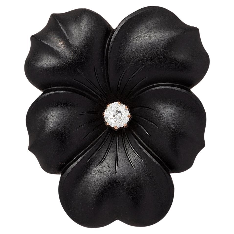 A 14 Carat Gold Pansy Brooch with Onyx and Diamond