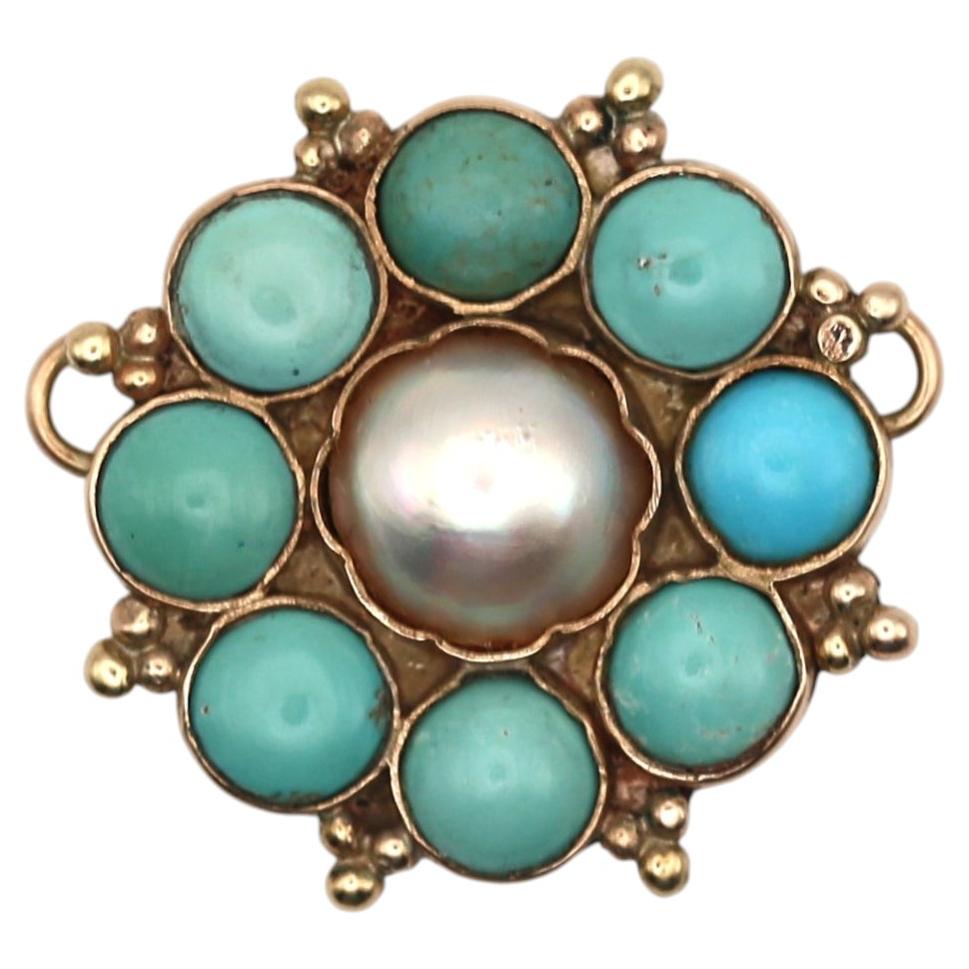 A 14K Rose Gold Mobe Pearl and Turquoise Pendant, circa 1900.