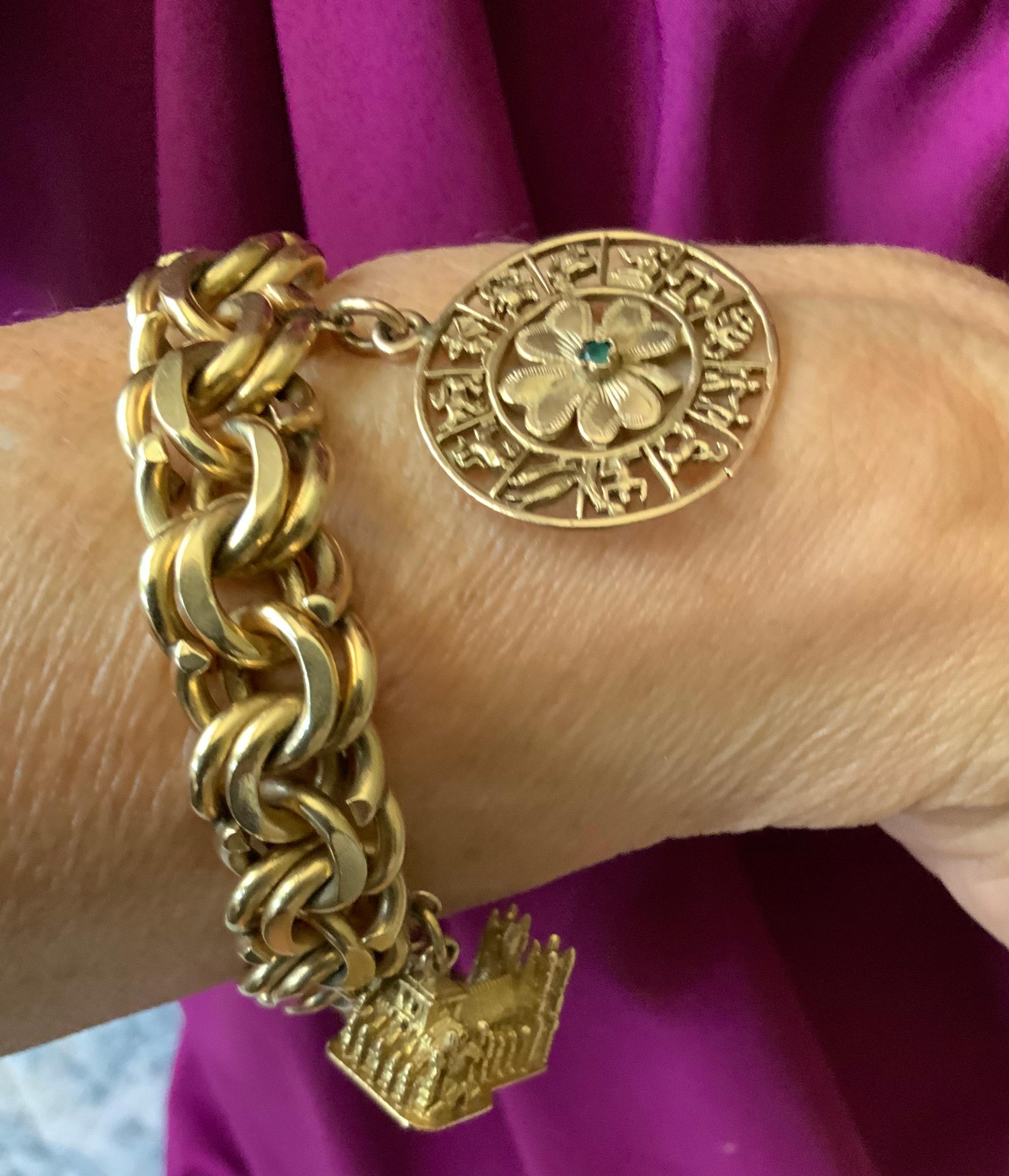 Victorian A 14K Solid Gold Charm Double Link Bracelet For Sale