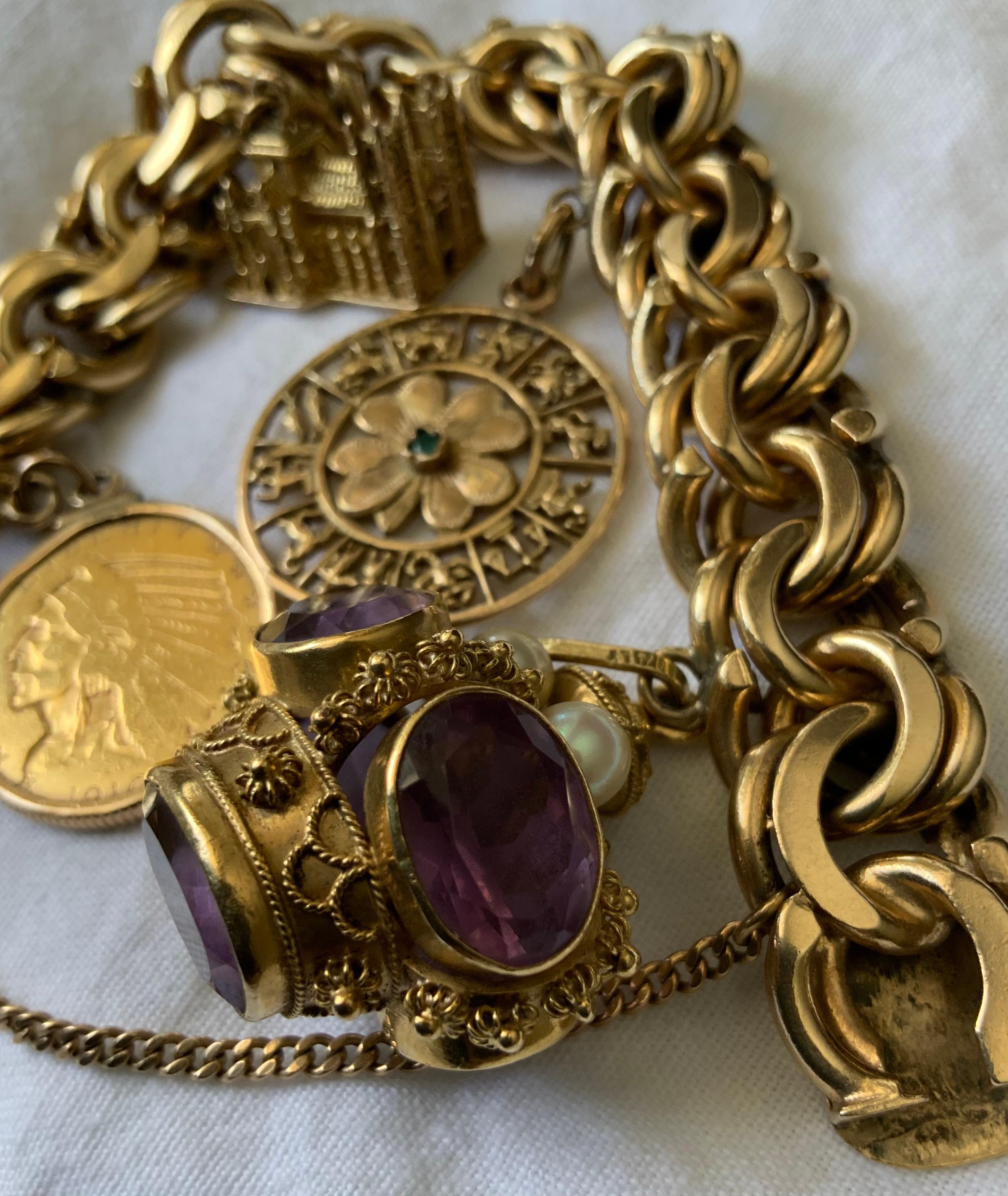 A 14K Solid Gold Charm Double Link Bracelet For Sale 1