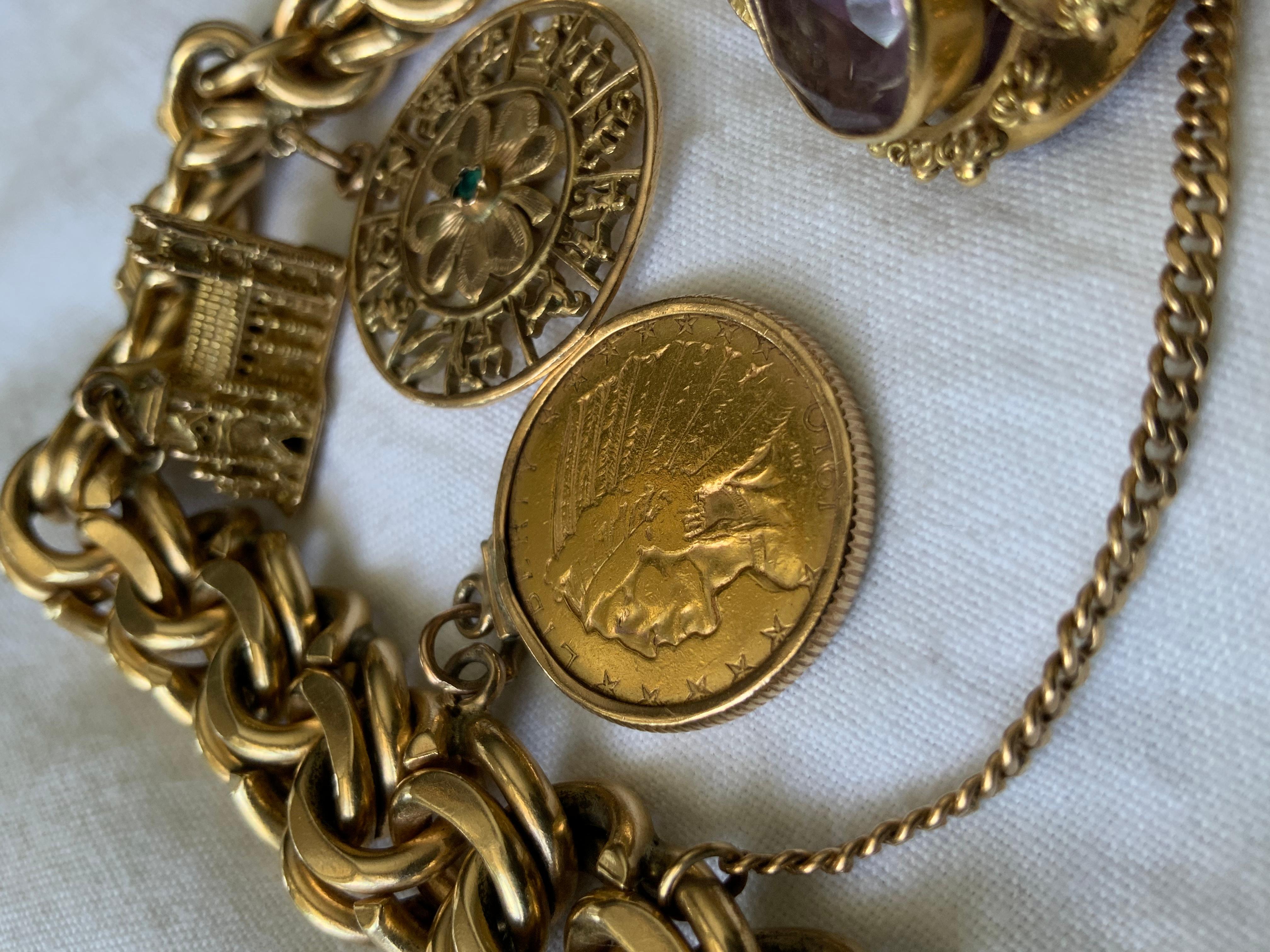A 14K Solid Gold Charm Double Link Bracelet For Sale 2