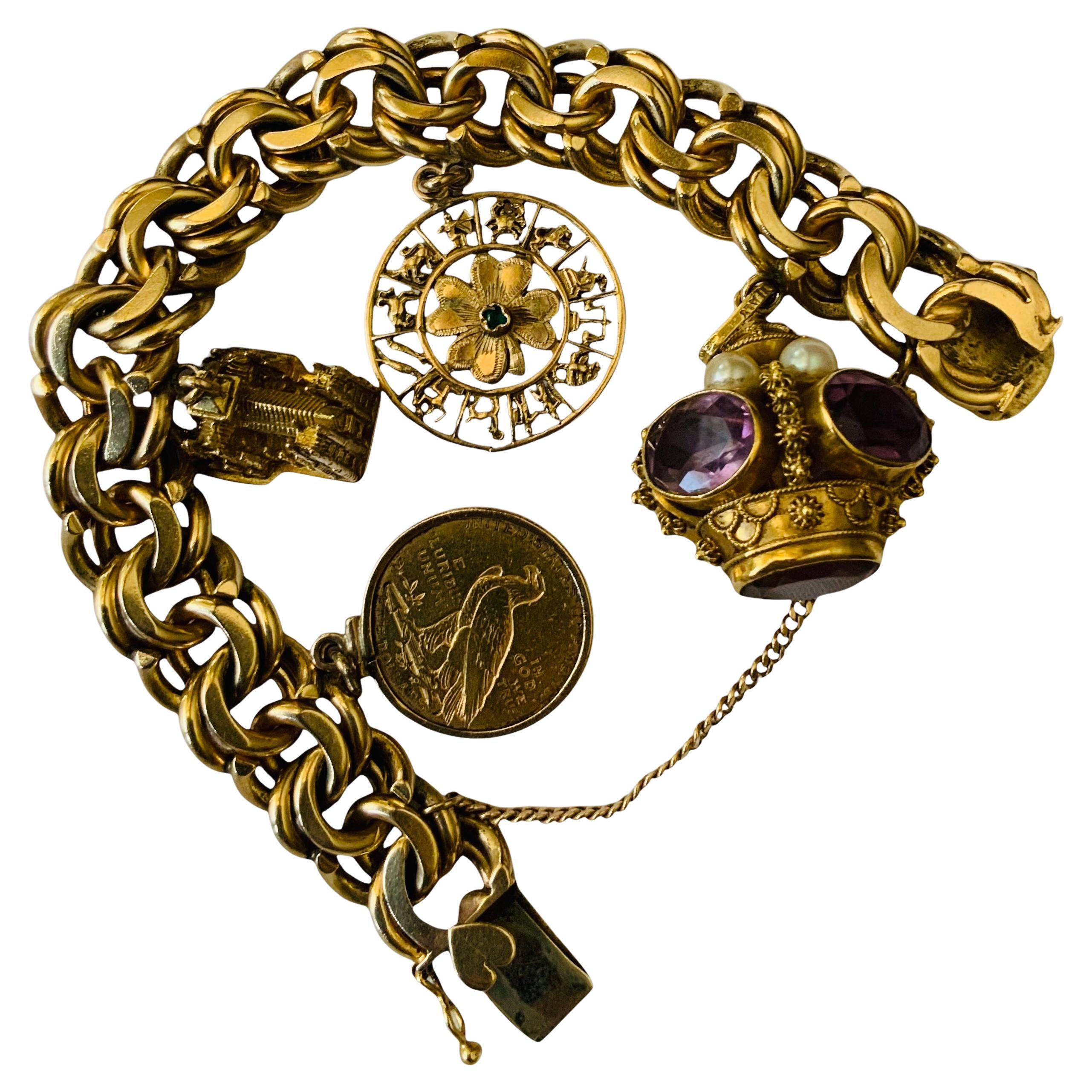 A 14K Solid Gold Charm Double Link Bracelet