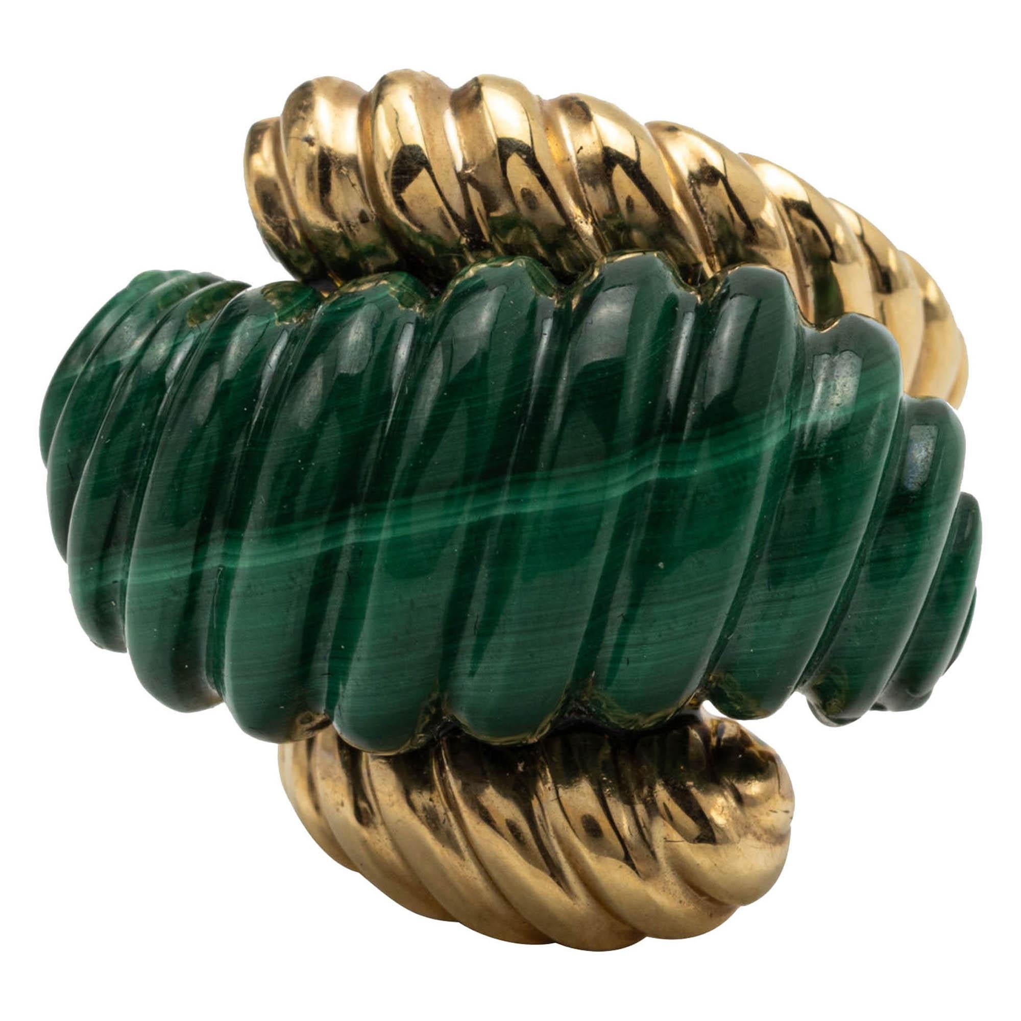 14k Yellow Gold and Malachite Abstract Ring For Sale