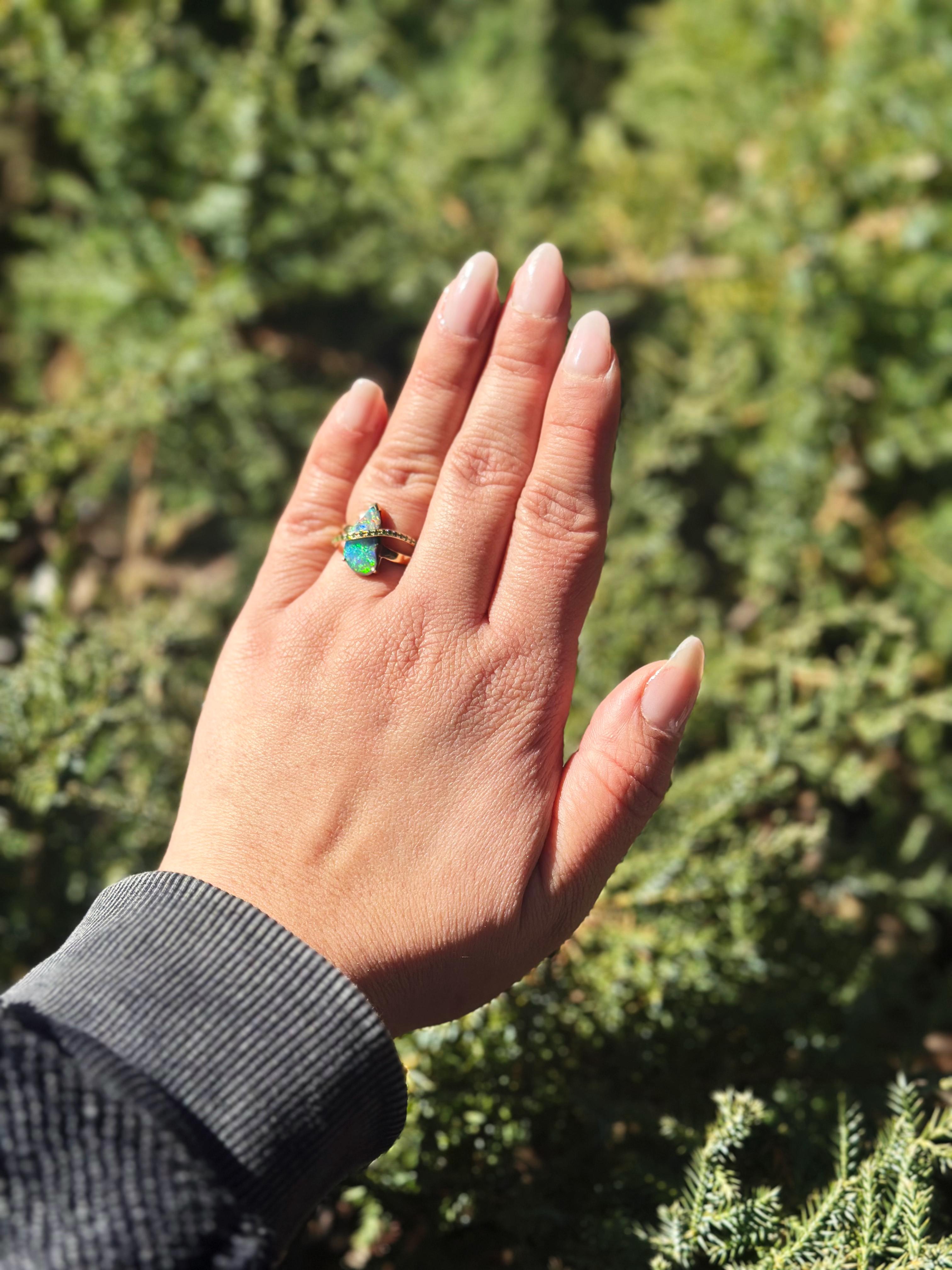 Modern A 14K Yellow Gold Black Opal and Tsavorite Ring