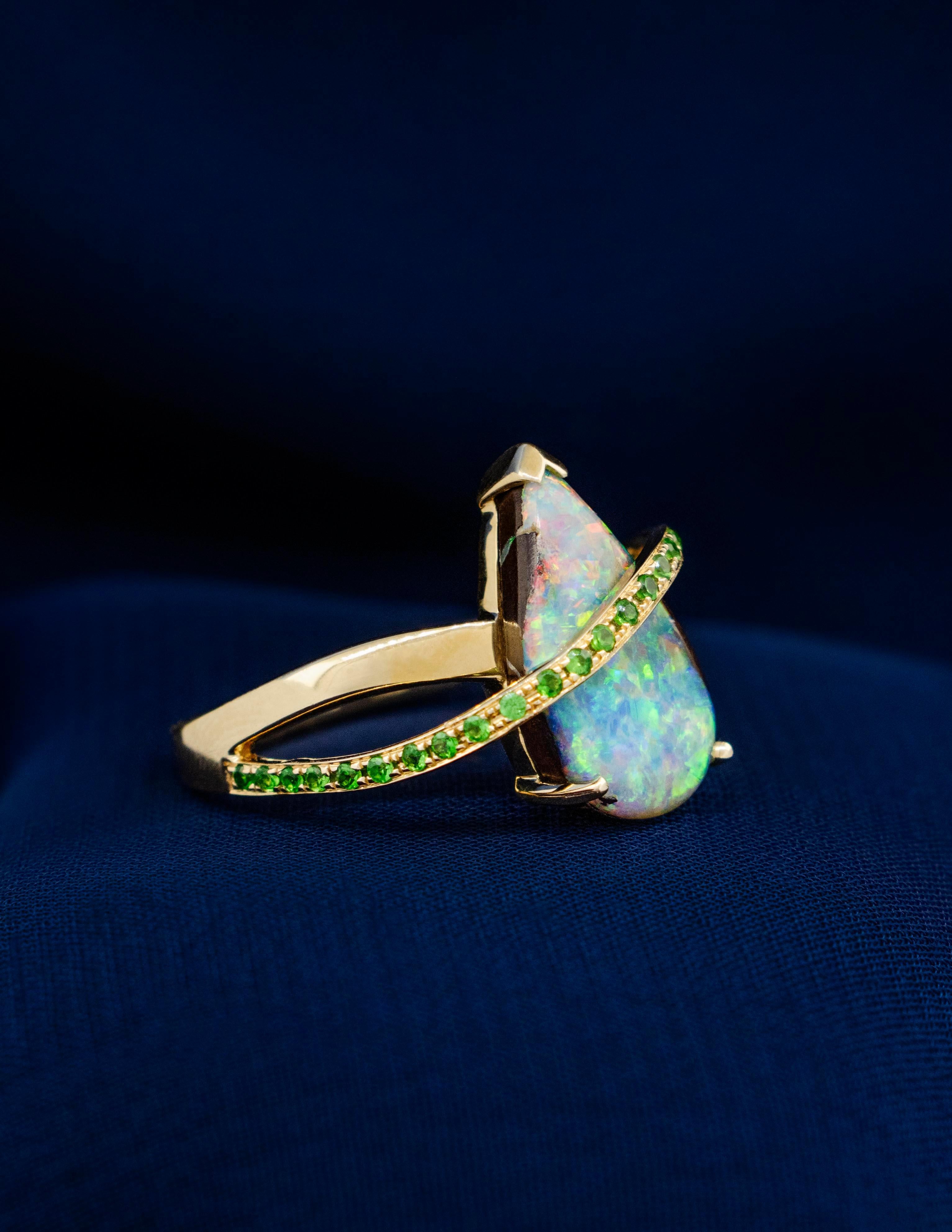 Cabochon A 14K Yellow Gold Black Opal and Tsavorite Ring