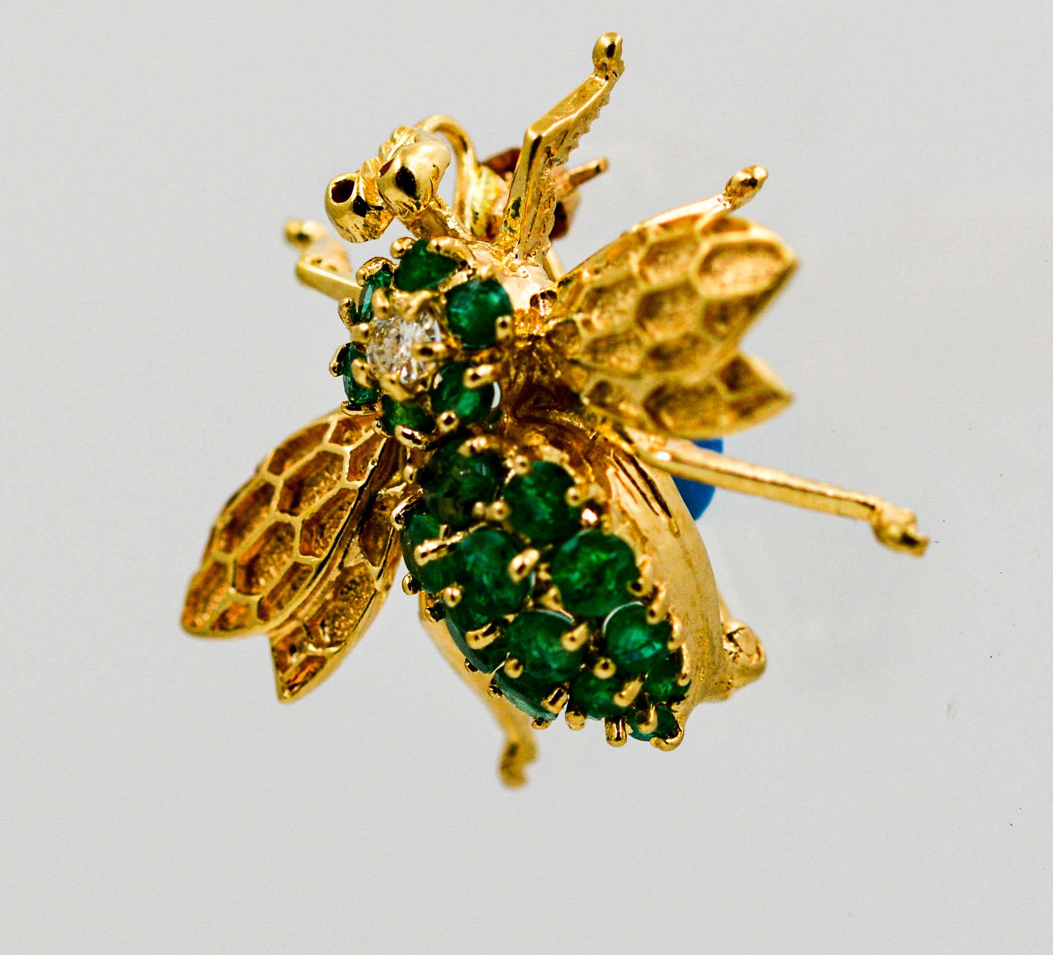 14 Karat Yellow Gold and Emerald Bee Brooch 1