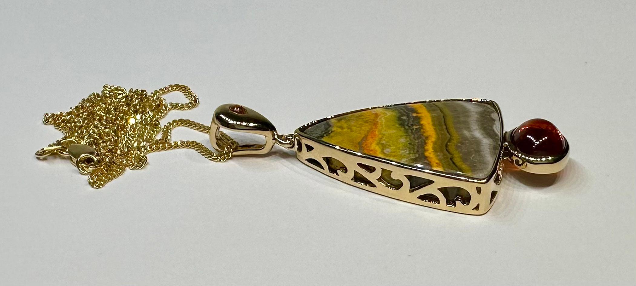 A 14kt Yellow Gold Pendant with Sapphire, Jasper & a Spessartine Garnet Cabochon In New Condition For Sale In Seattle, WA