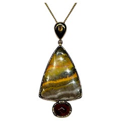 Used A 14kt Yellow Gold Pendant with Sapphire, Jasper & a Spessartine Garnet Cabochon