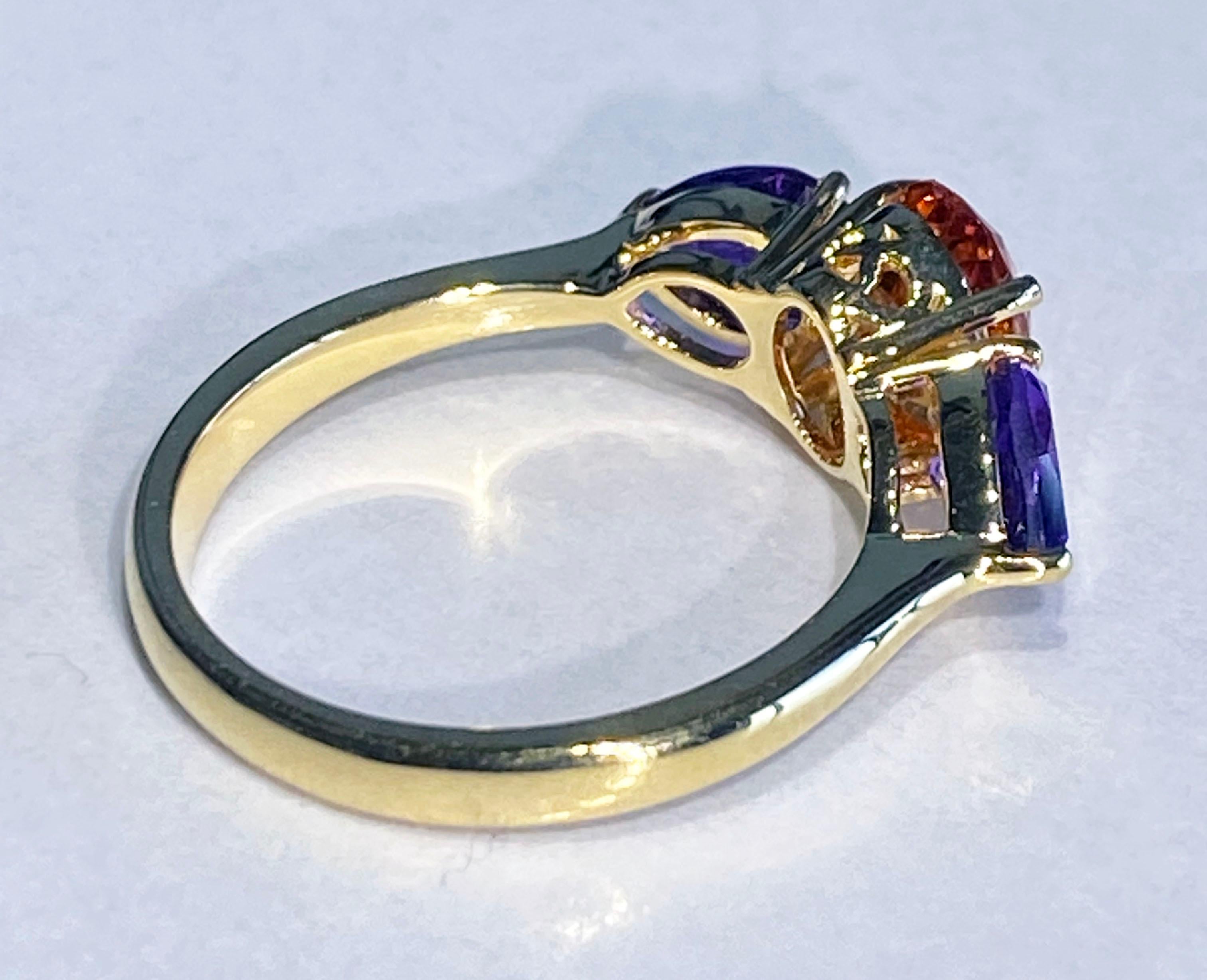 Ring aus 14-karätigem Gelbgold mit Mandarin-Granat und Amethyst Damen im Angebot