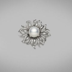 Spilla con perle di coltura australiane da 14 mm e diamanti da 3,62 carati, oro bianco 18 ct.