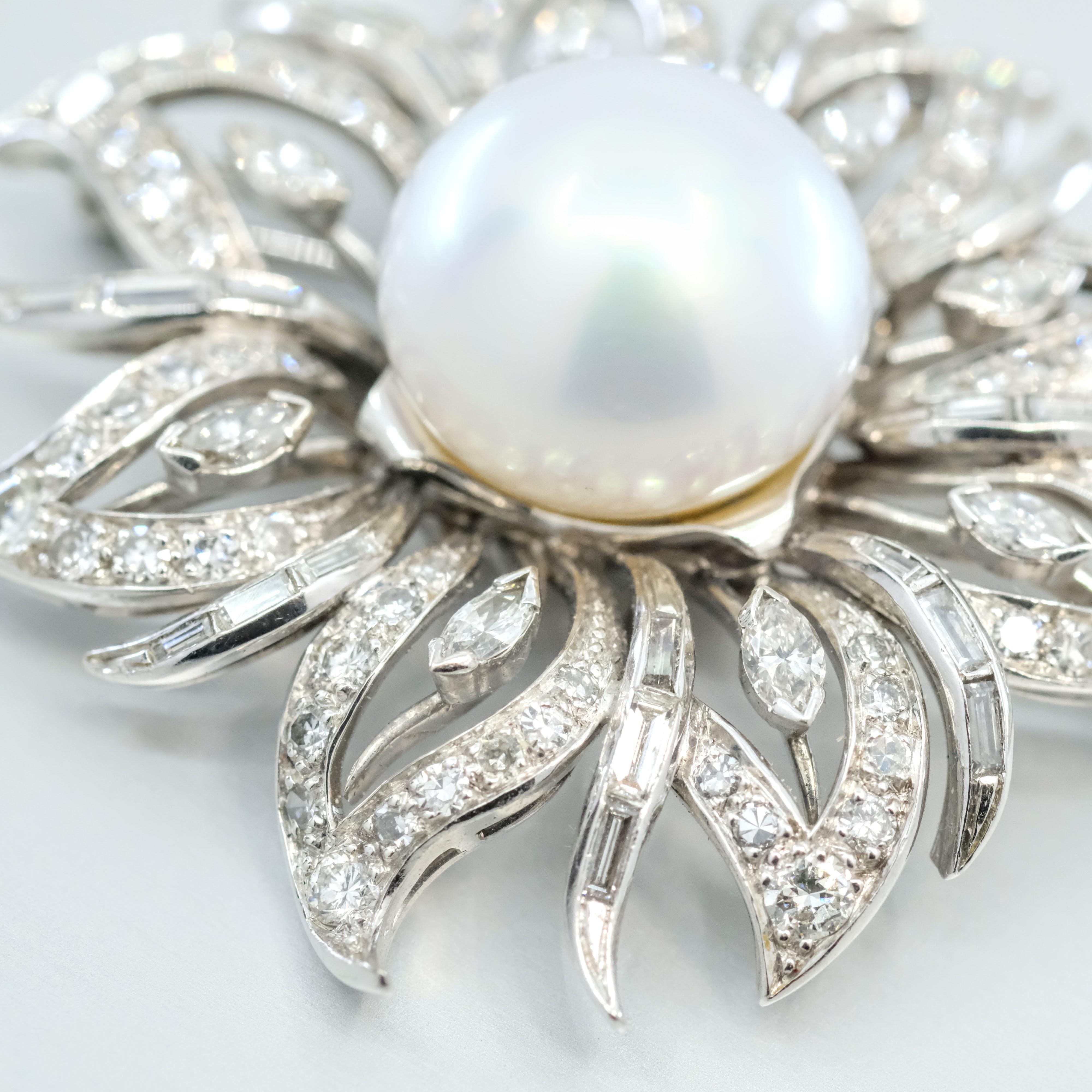 Women's or Men's A 14mm Australian Cultured Pearl and 3.62cts Diamond Brooch, 18k white gold For Sale
