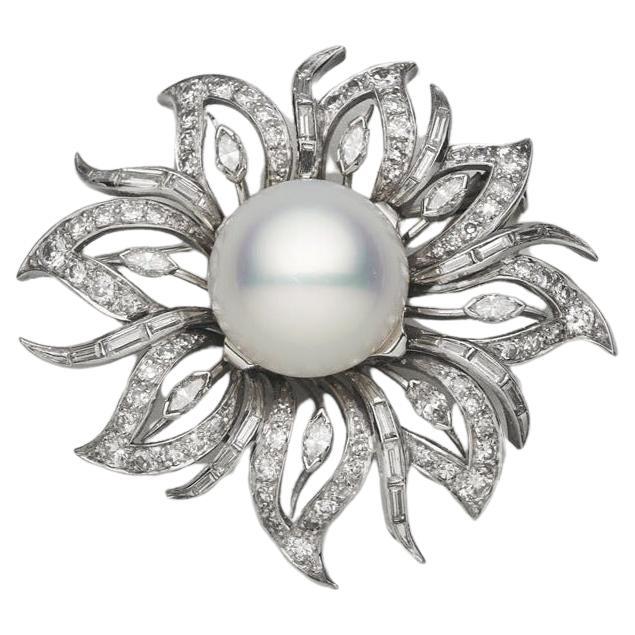 A 14mm Australian Cultured Pearl and 3.62cts Diamond Brooch, 18k white gold For Sale