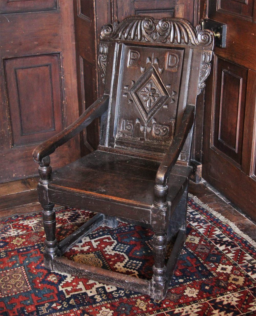 Wood A 16th CENTURY OAK WAINSCOT CHAIR DATED 1539 For Sale