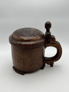 A 1700s Norwegian Wooden Tankard, Primitive Antique, Richly Hand Carved