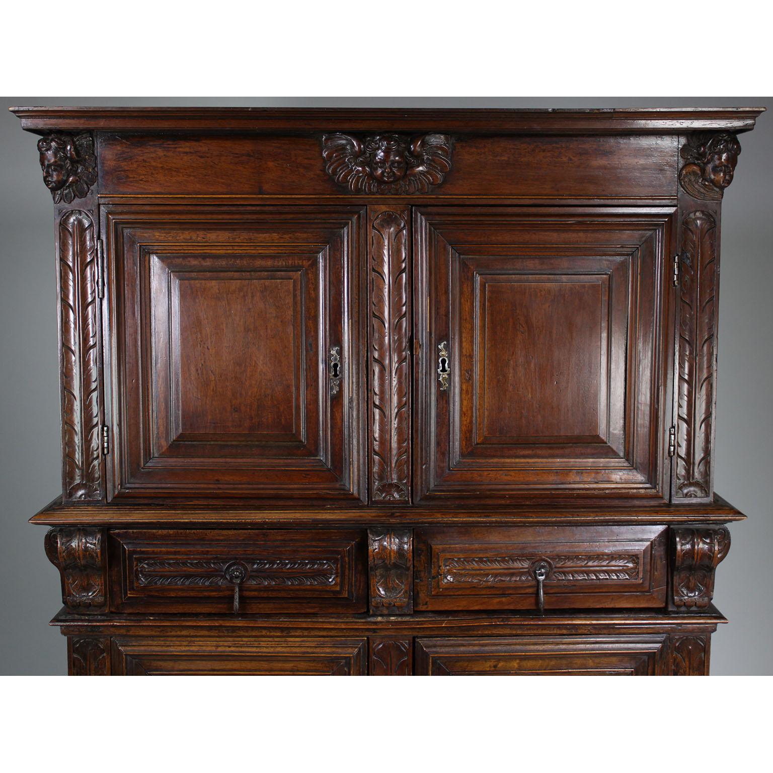 A 17th-18th Century French/Italian Renaissance Walnut Carved Credenza Cabinet In Fair Condition For Sale In Los Angeles, CA