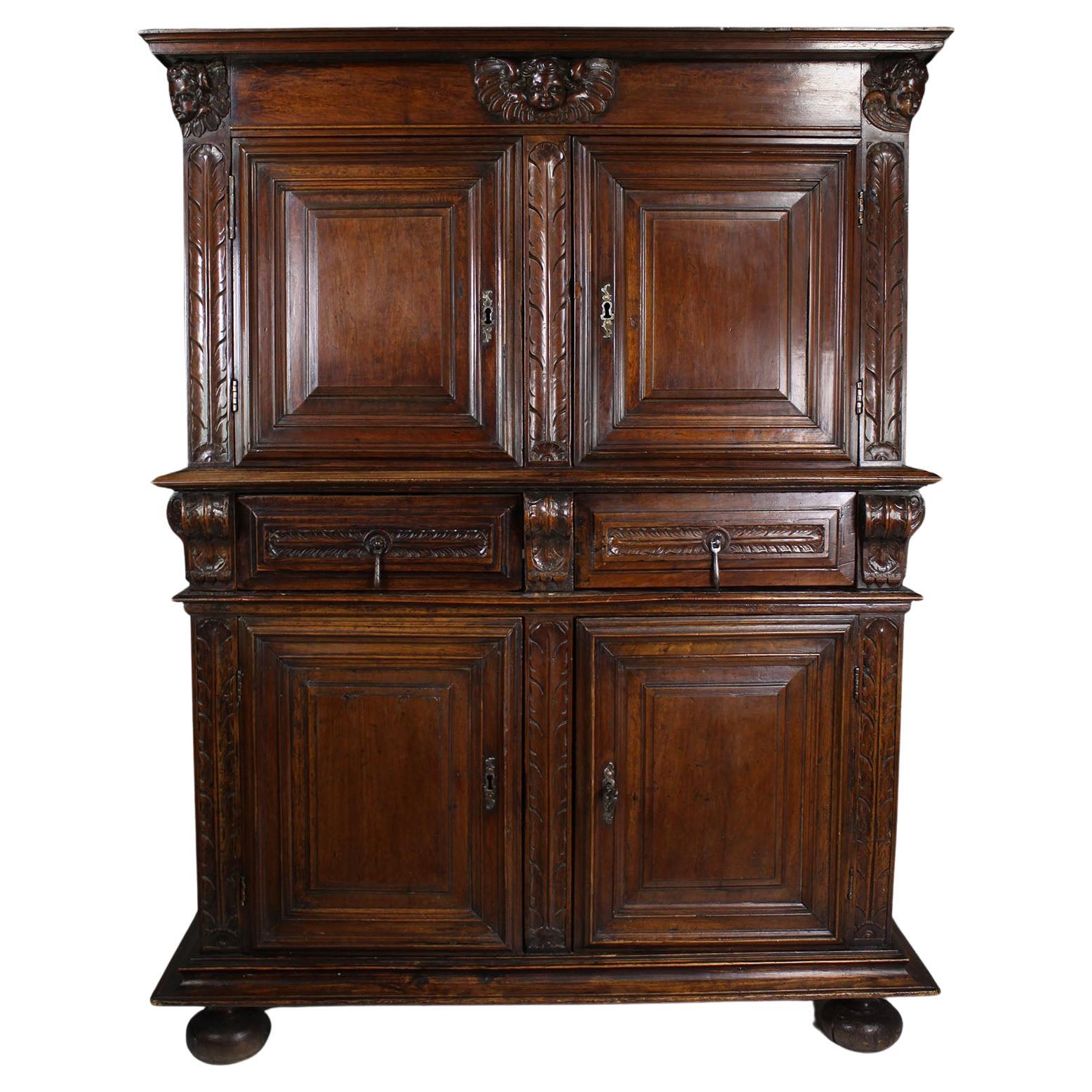 A 17th-18th Century French/Italian Renaissance Walnut Carved Credenza Cabinet For Sale