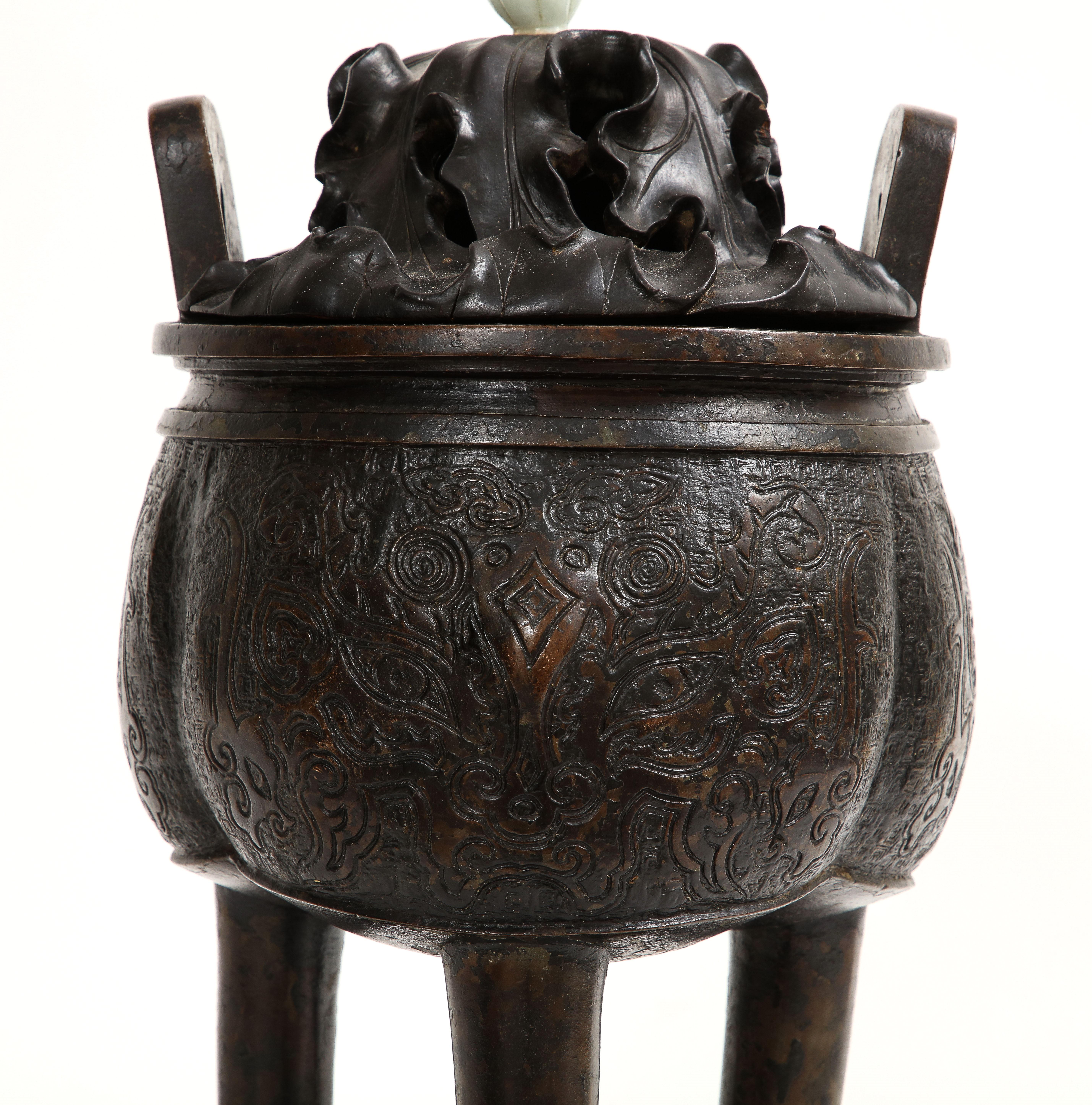 17th Century Chinese Bronze Censer & Cover with Jade Finial Top and Wood Base For Sale 4