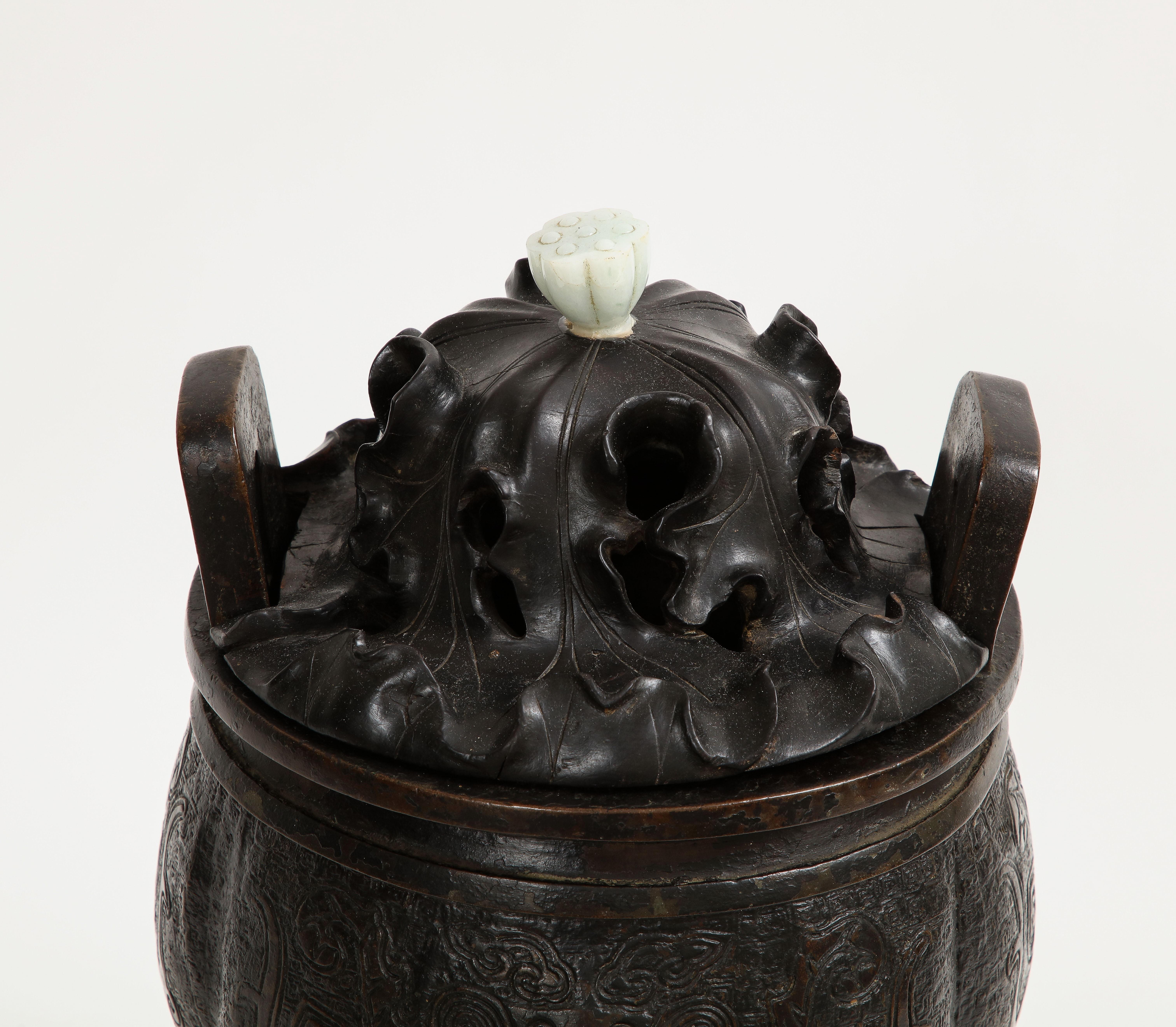 17th Century Chinese Bronze Censer & Cover with Jade Finial Top and Wood Base For Sale 6