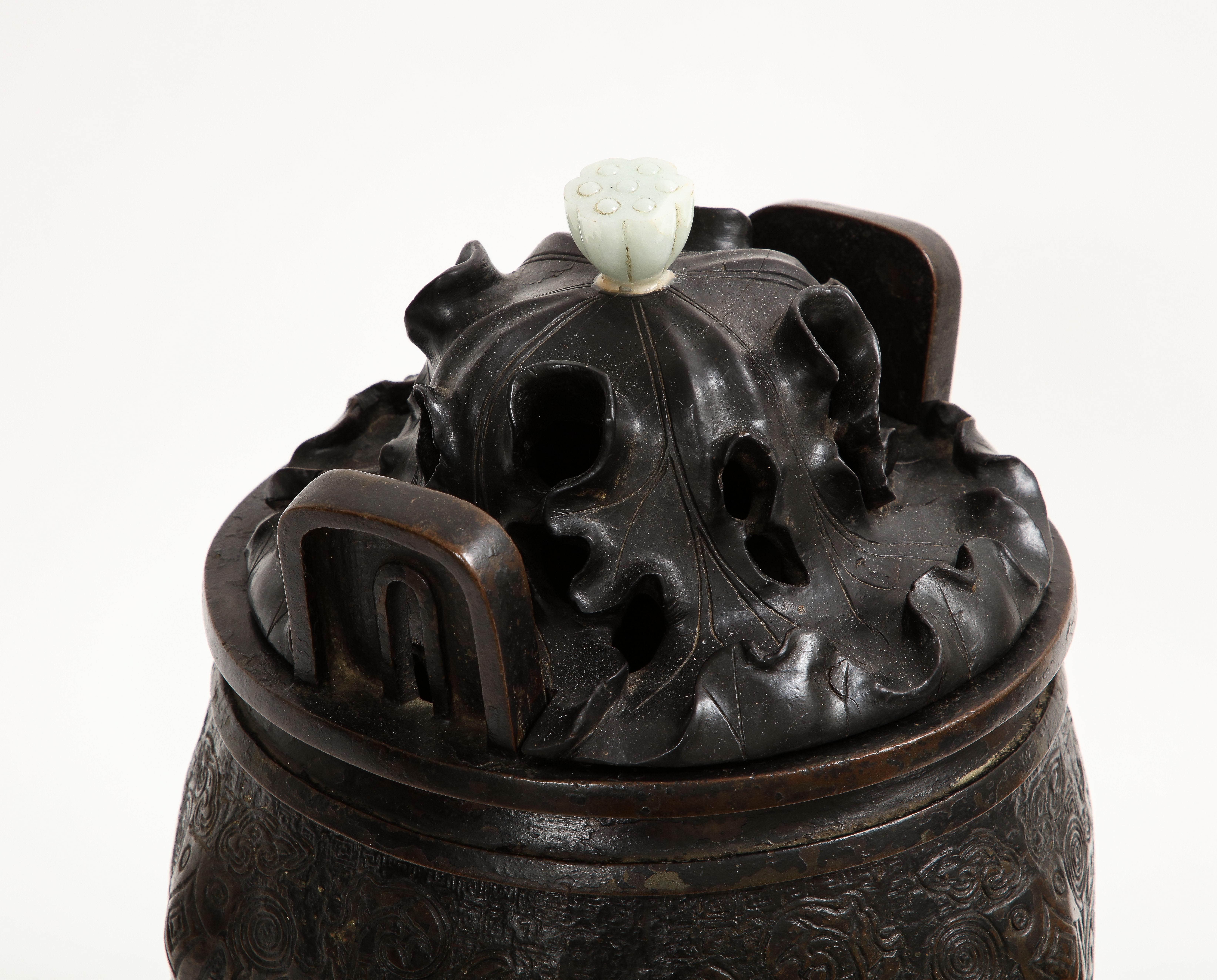 17th Century Chinese Bronze Censer & Cover with Jade Finial Top and Wood Base For Sale 7