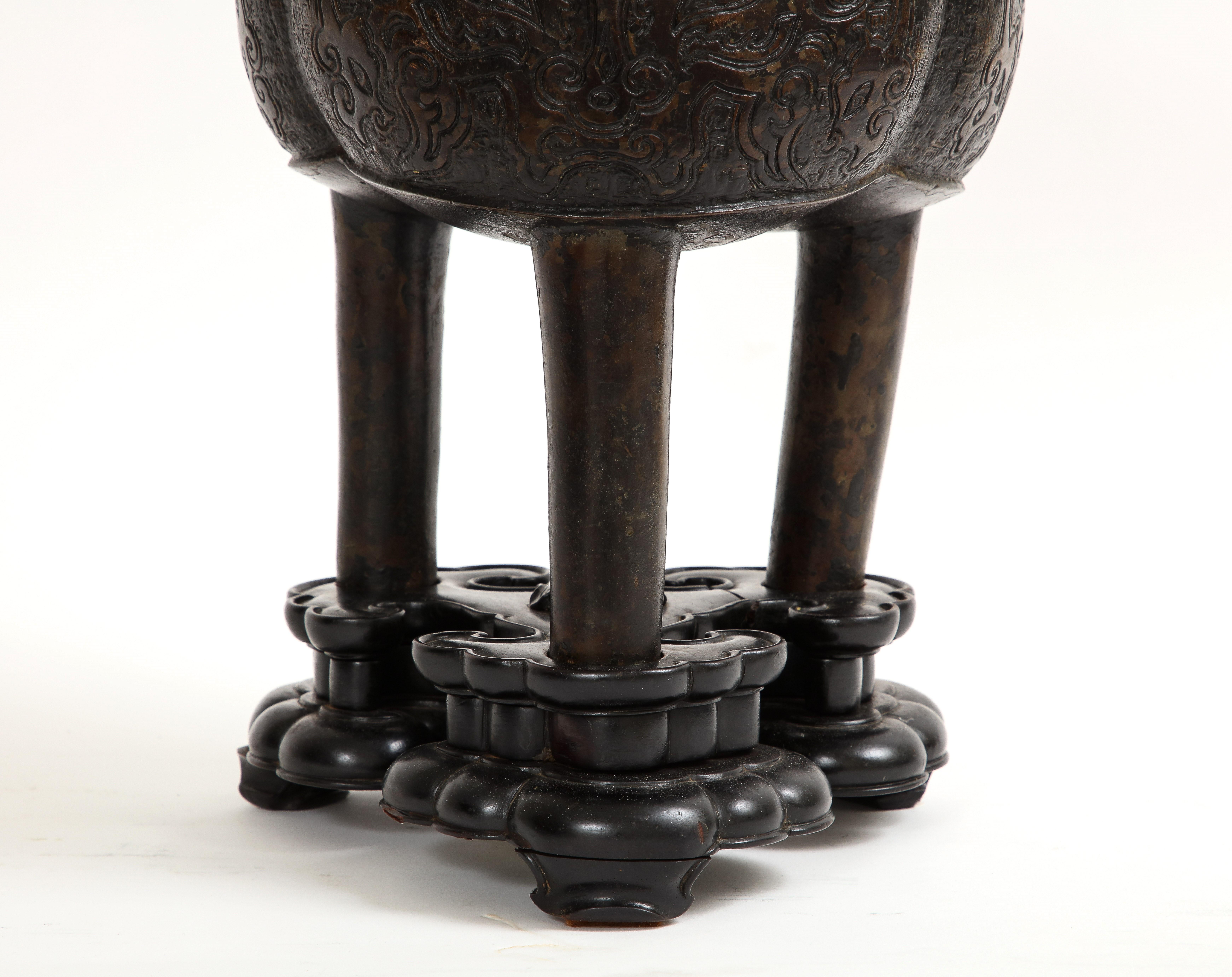 17th Century Chinese Bronze Censer & Cover with Jade Finial Top and Wood Base For Sale 9