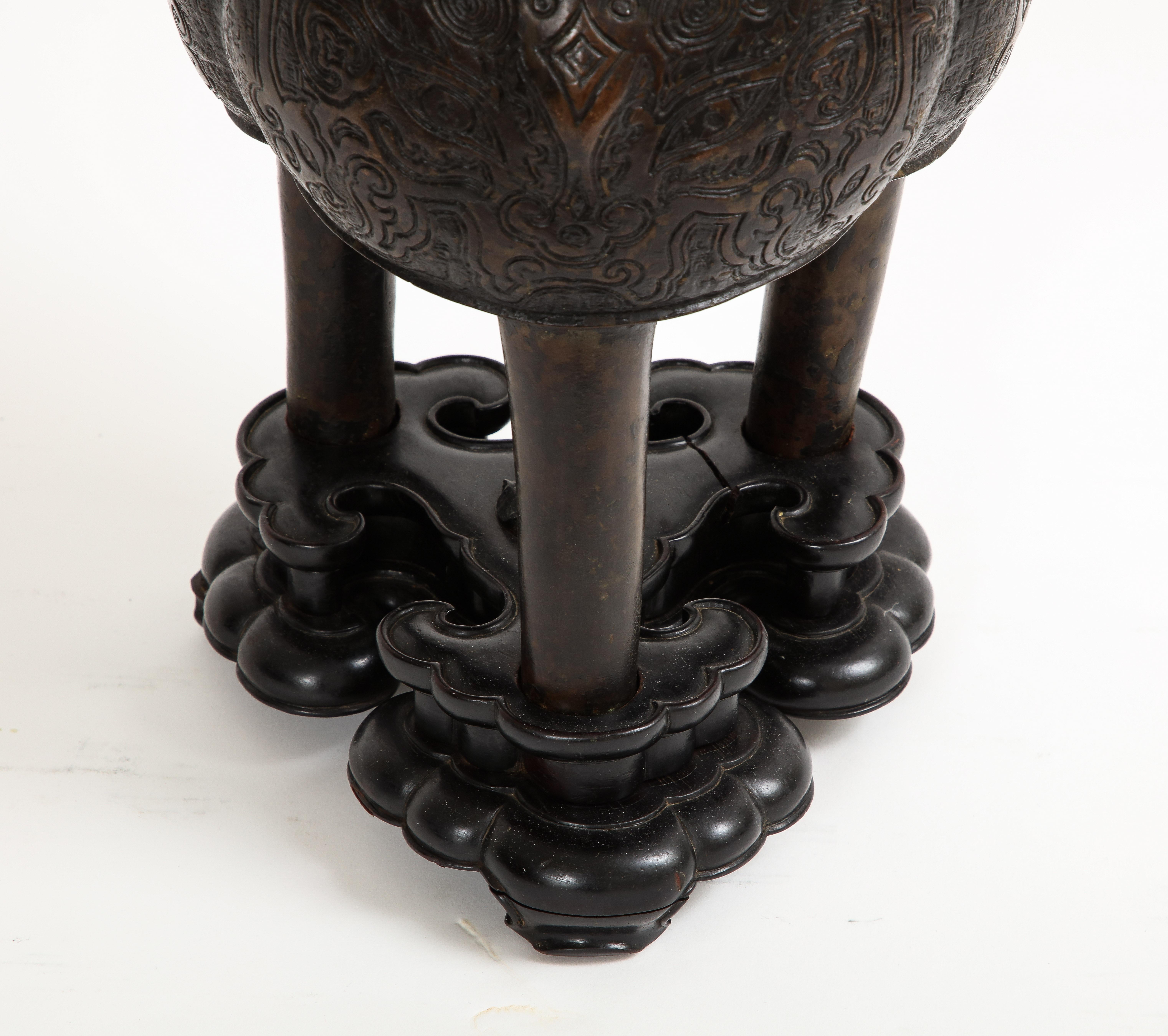 17th Century Chinese Bronze Censer & Cover with Jade Finial Top and Wood Base For Sale 10