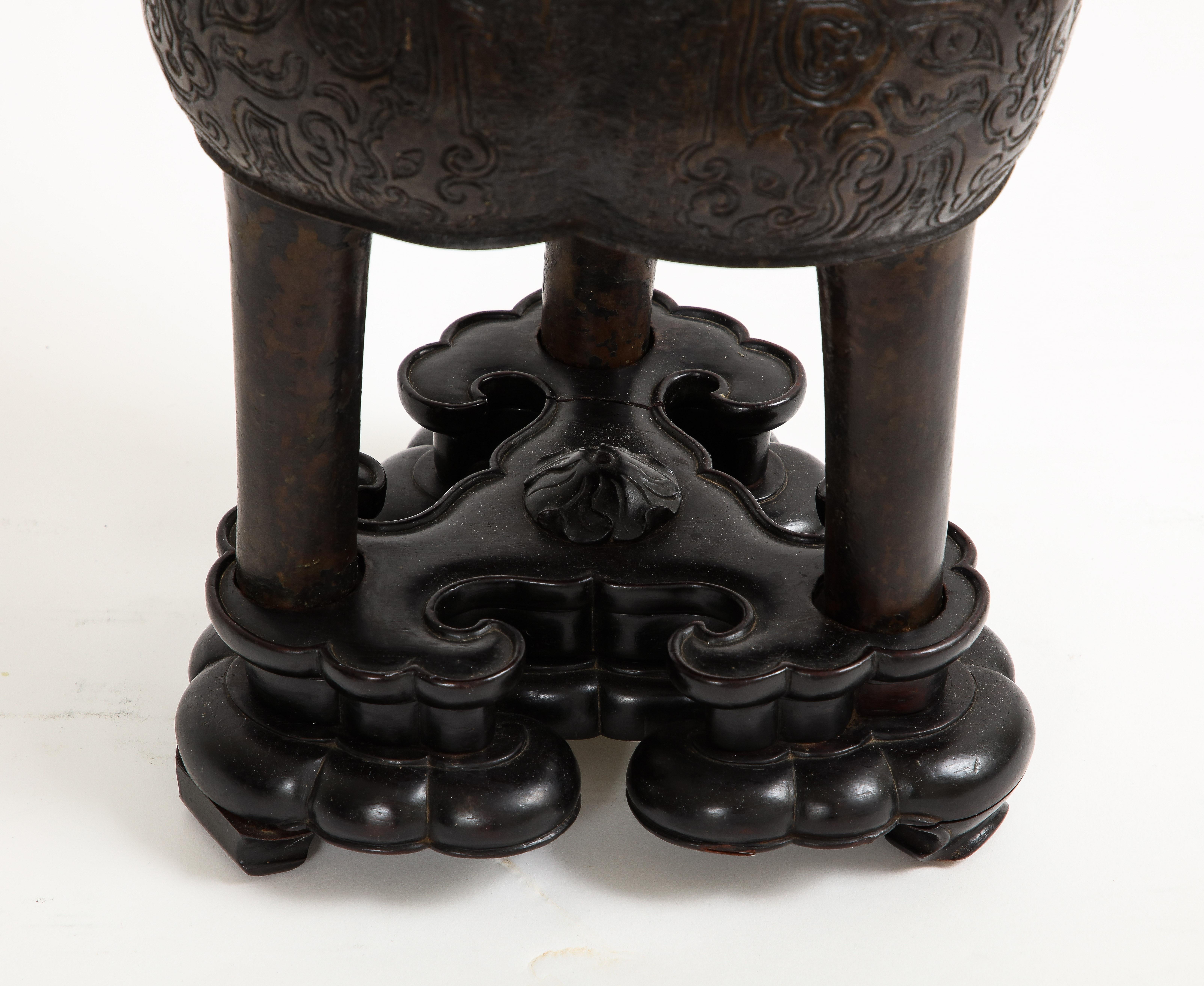 17th Century Chinese Bronze Censer & Cover with Jade Finial Top and Wood Base For Sale 11