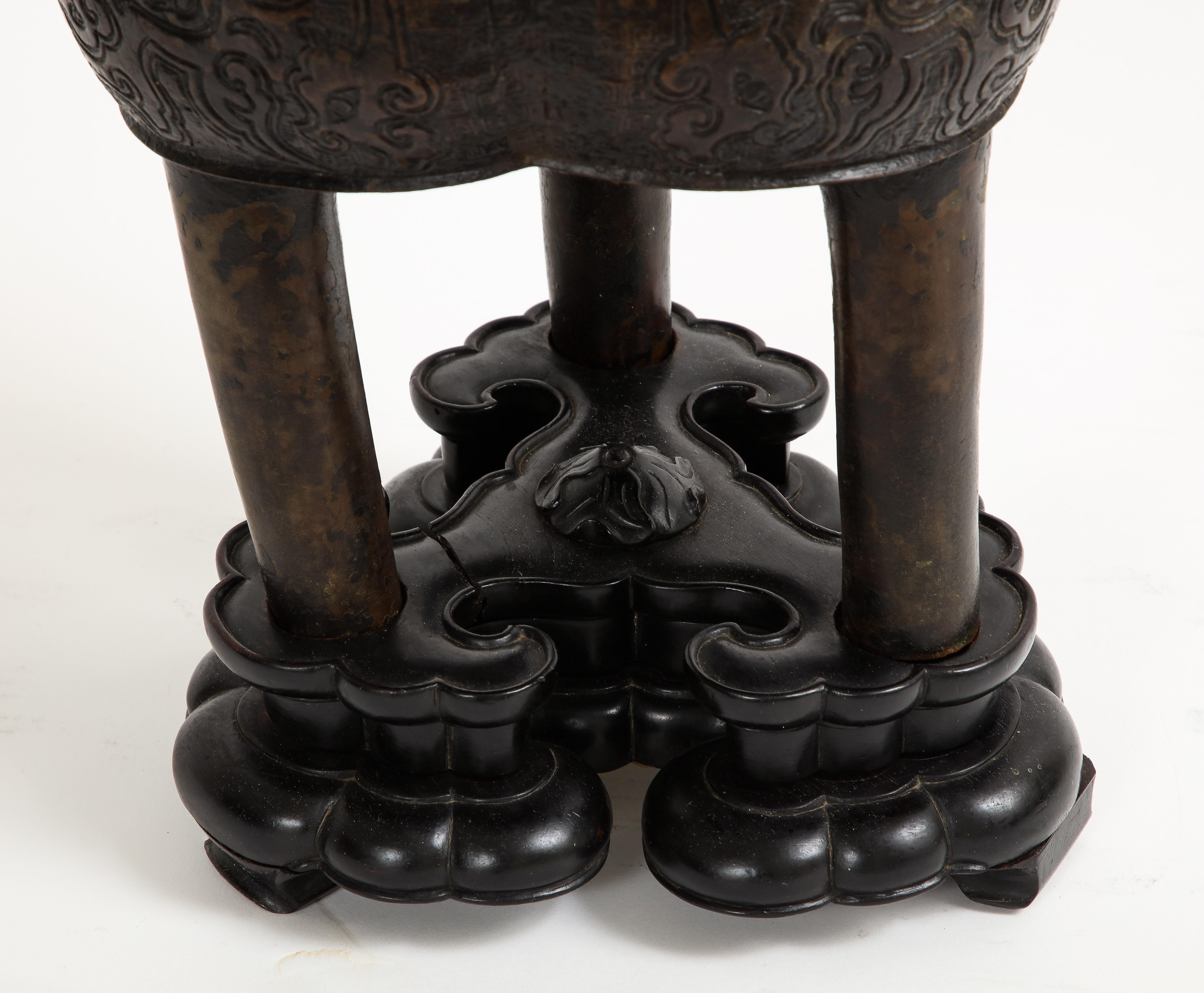 17th Century Chinese Bronze Censer & Cover with Jade Finial Top and Wood Base For Sale 12