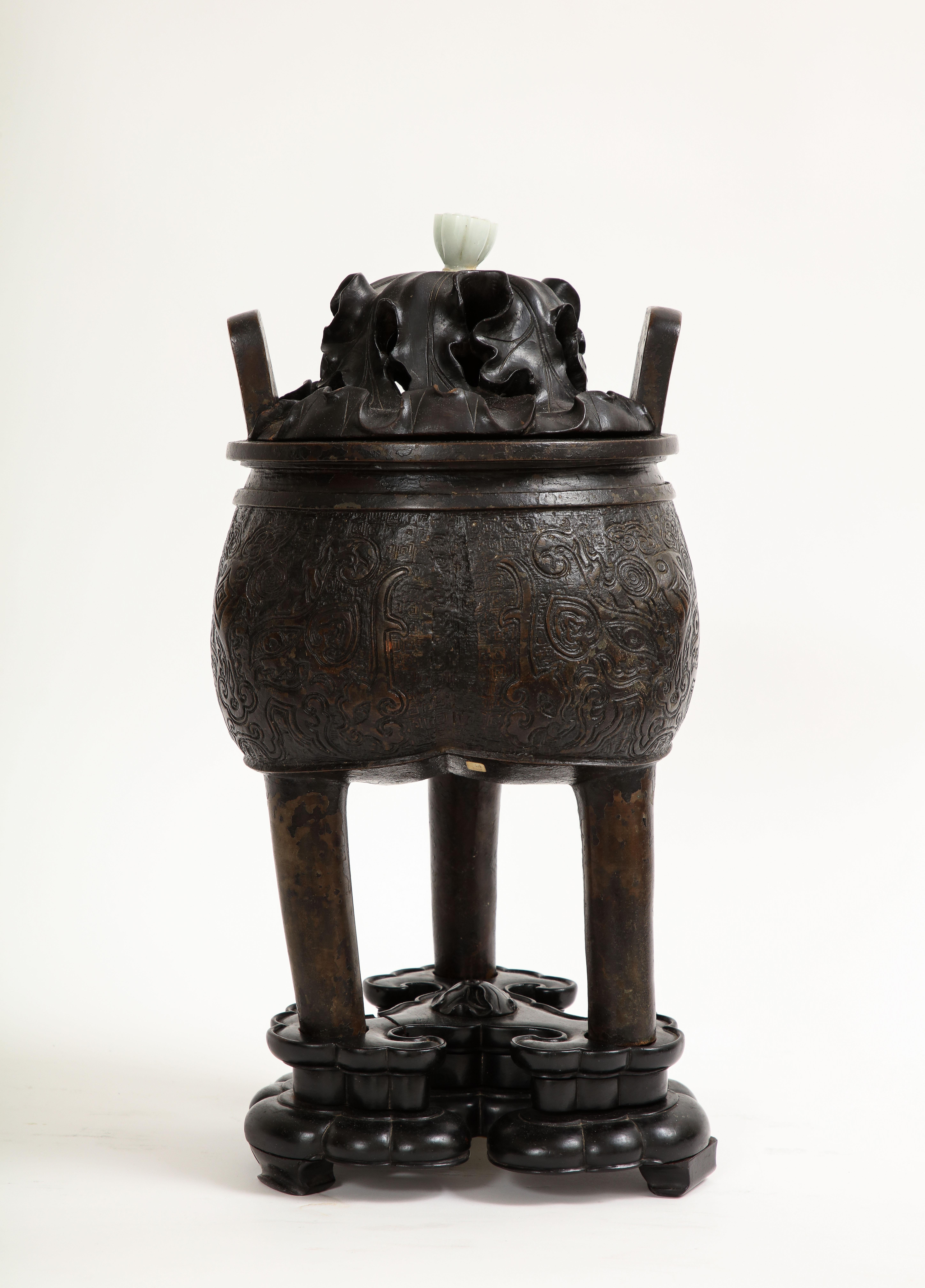 Hand-Carved 17th Century Chinese Bronze Censer & Cover with Jade Finial Top and Wood Base For Sale