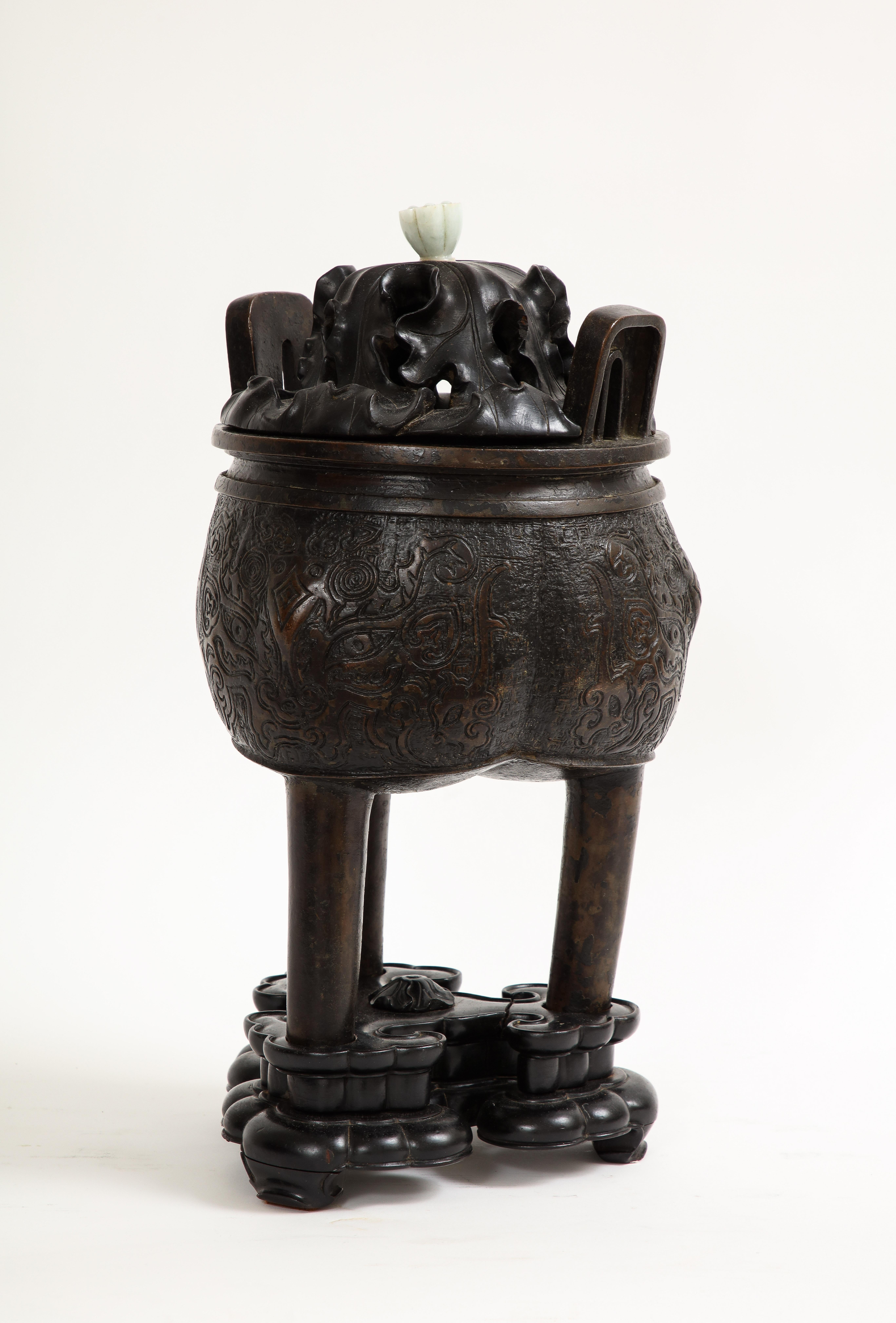 Late 17th Century 17th Century Chinese Bronze Censer & Cover with Jade Finial Top and Wood Base For Sale