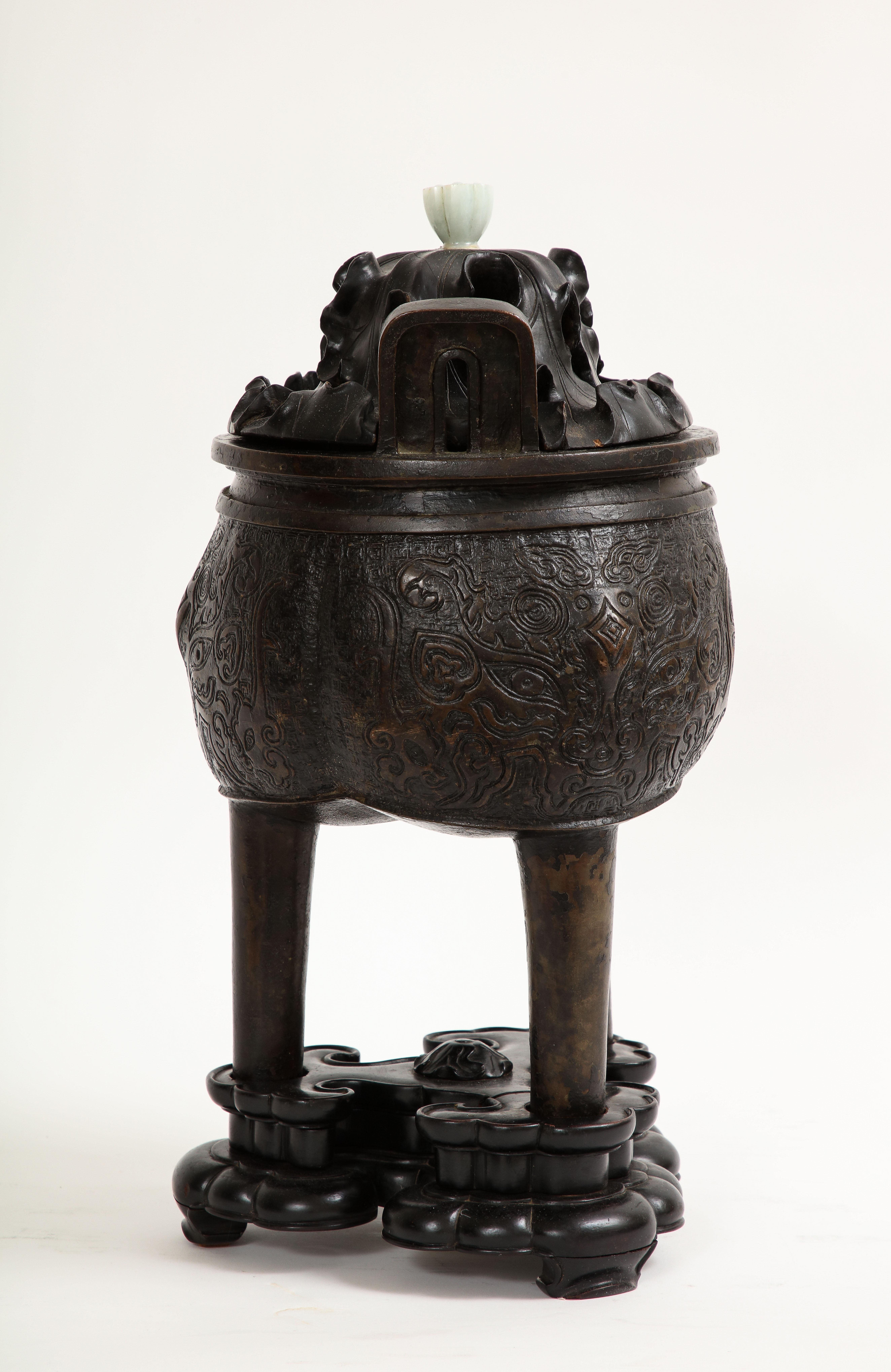 17th Century Chinese Bronze Censer & Cover with Jade Finial Top and Wood Base For Sale 1