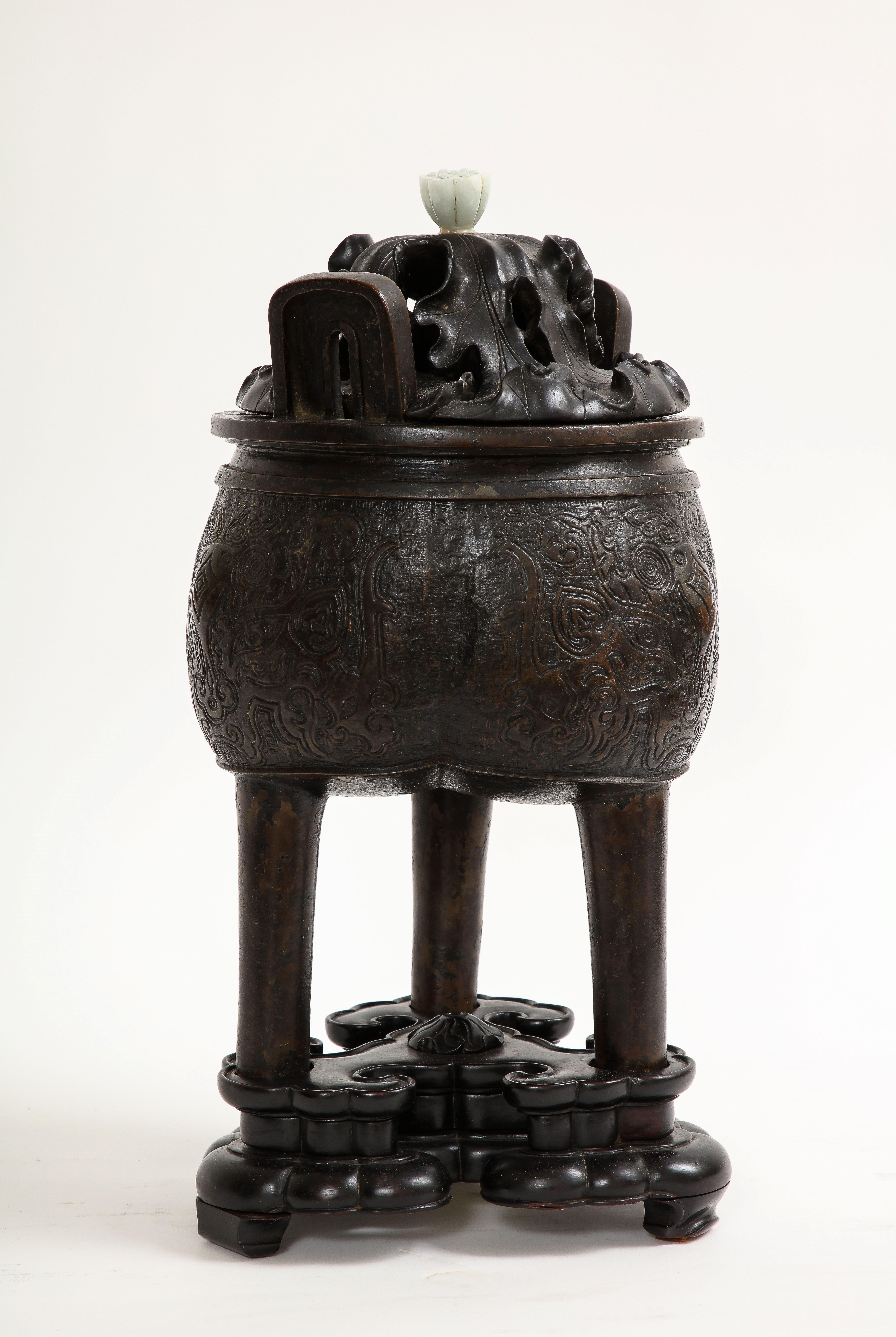 17th Century Chinese Bronze Censer & Cover with Jade Finial Top and Wood Base For Sale 2