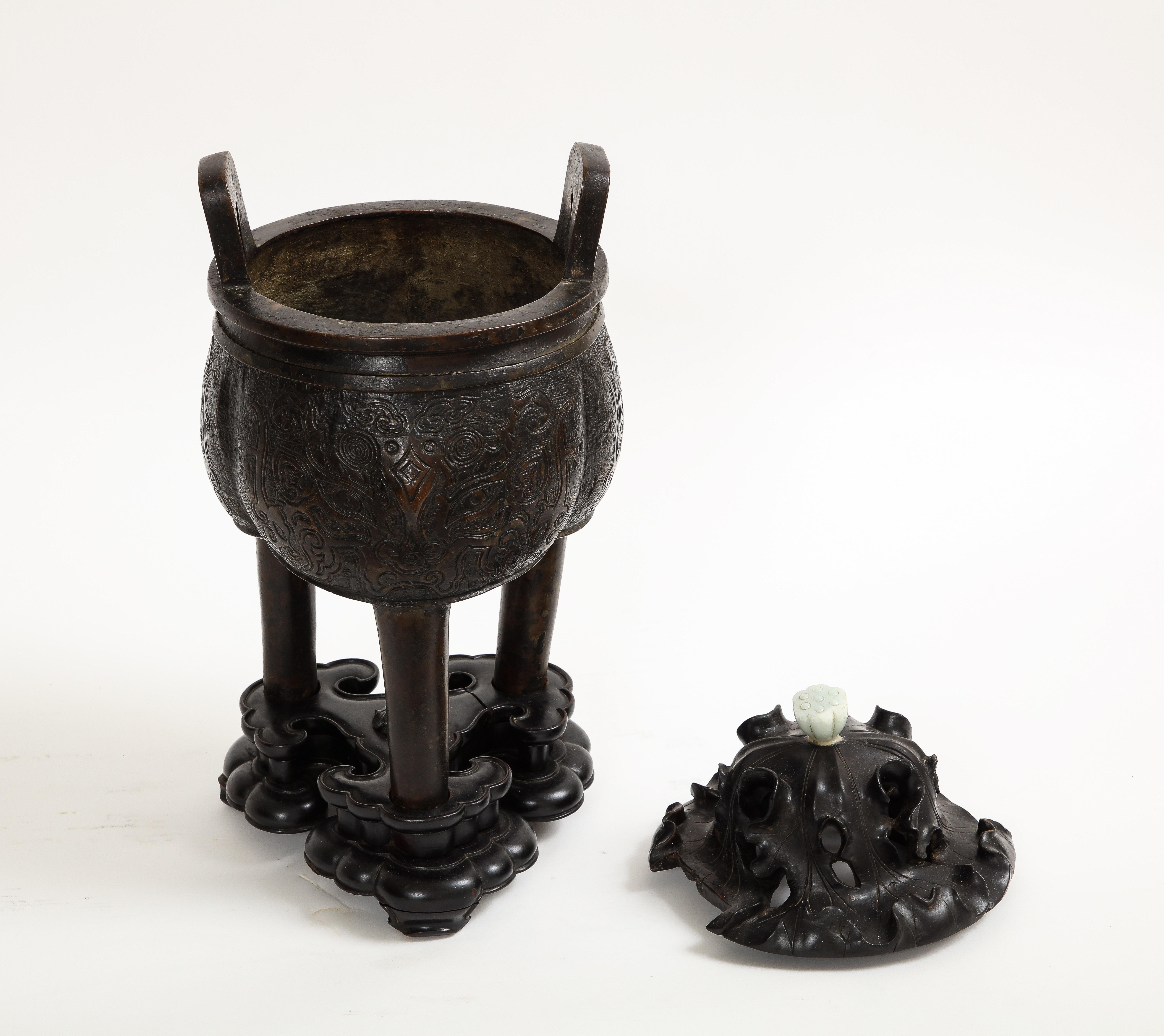 17th Century Chinese Bronze Censer & Cover with Jade Finial Top and Wood Base For Sale 3