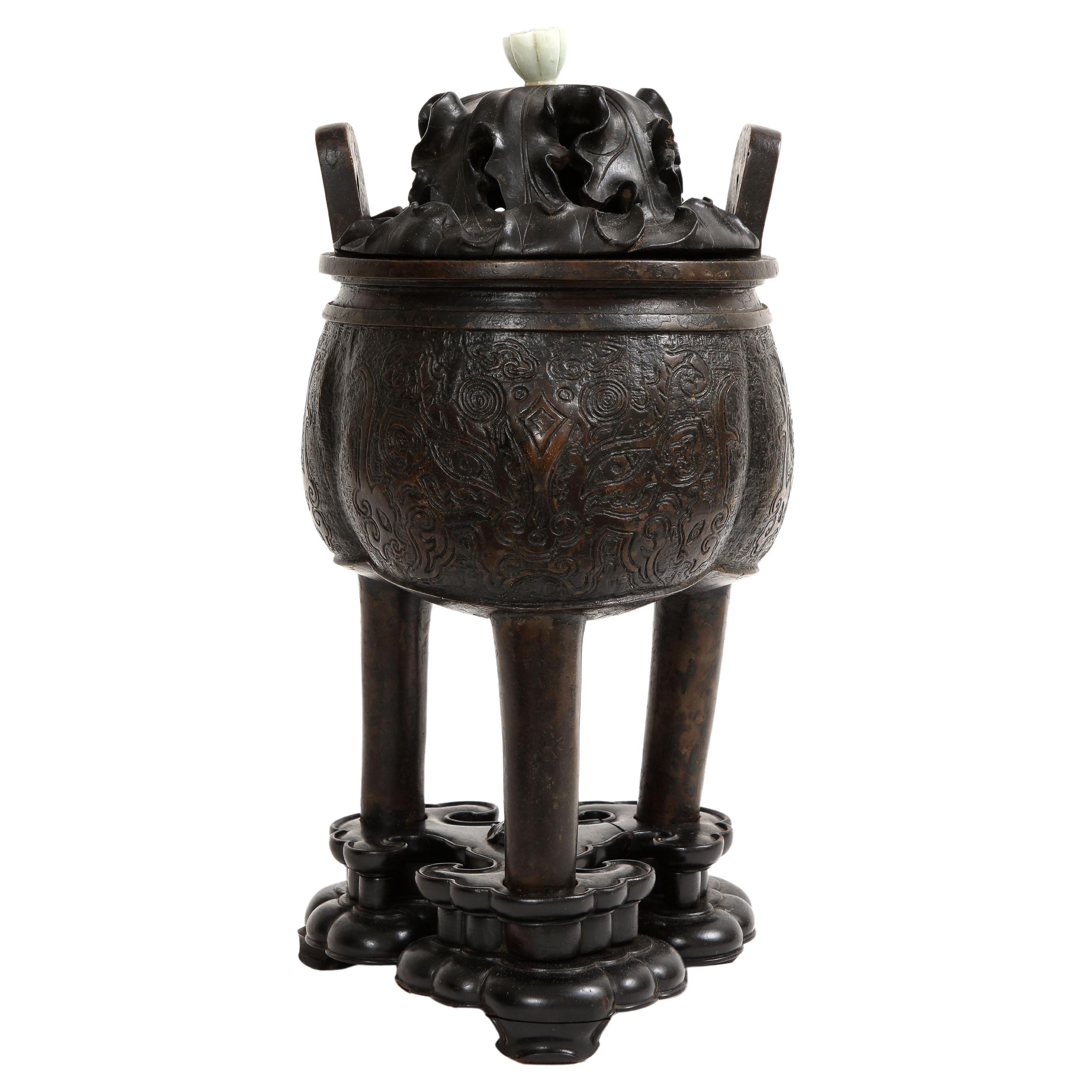 17th Century Chinese Bronze Censer & Cover with Jade Finial Top and Wood Base For Sale