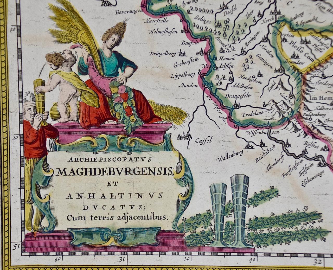 Gravé Carte colorée à la main d'une région de l'ouest de l'Allemagne du XVIIe siècle par Janssonius en vente