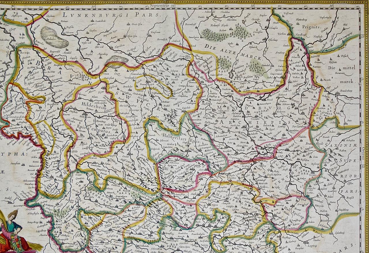 17ème siècle Carte colorée à la main d'une région de l'ouest de l'Allemagne du XVIIe siècle par Janssonius en vente
