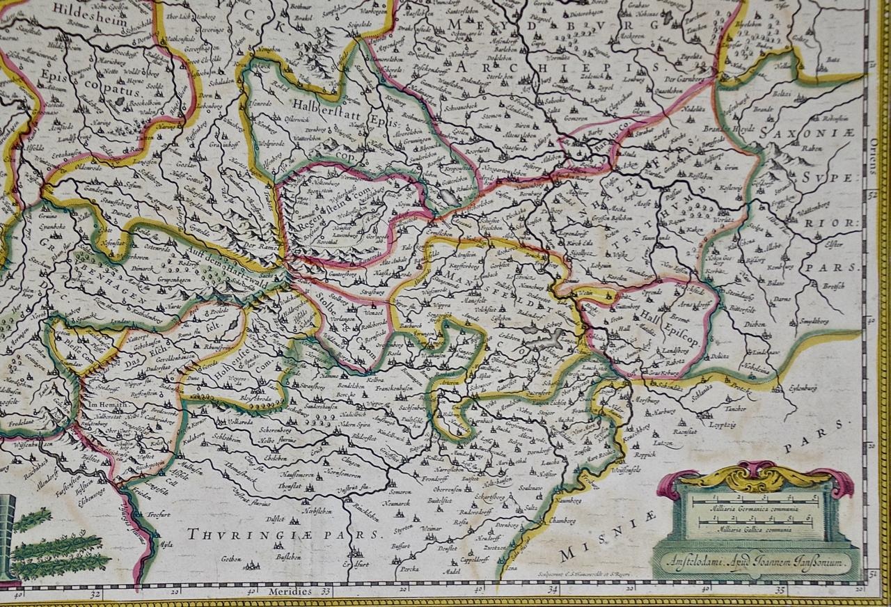 Papier Carte colorée à la main d'une région de l'ouest de l'Allemagne du XVIIe siècle par Janssonius en vente