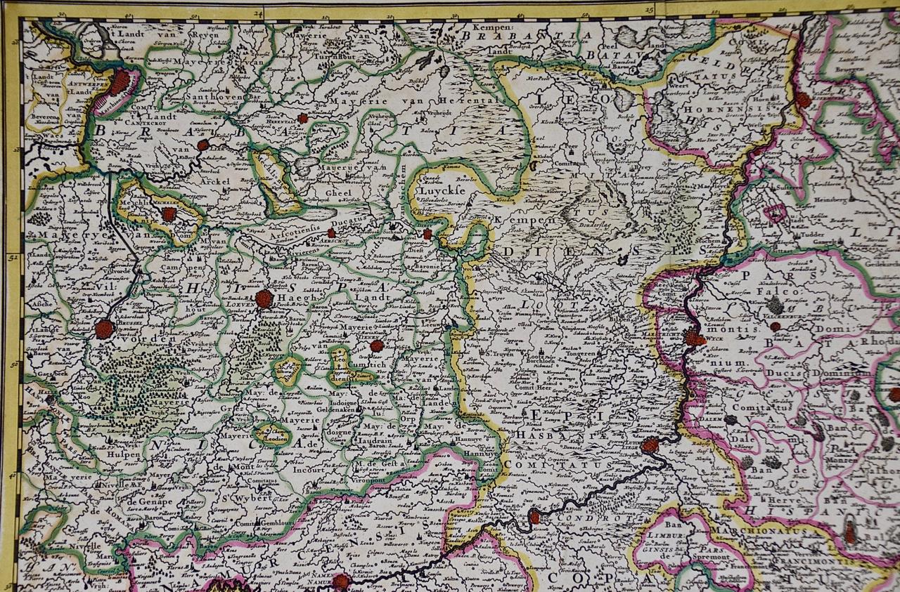 Engraved 17th Century Hand Colored Map of the Liege Region in Belgium by Visscher For Sale