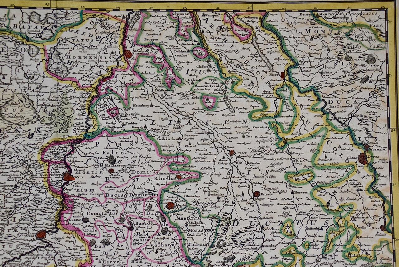 Néerlandais Carte de la région de Liège en Belgique colorée à la main au 17e siècle par Visscher en vente