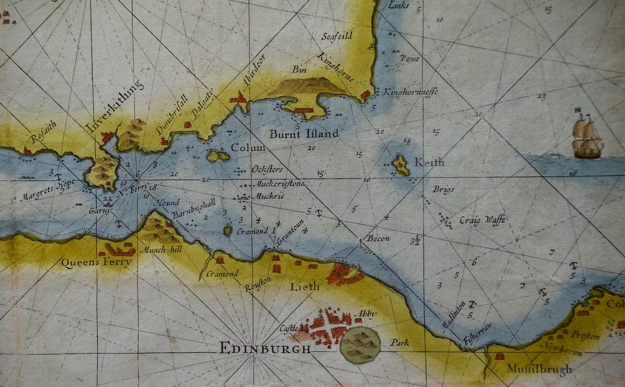 Gravé Édimbourg, côte d'Écosse : un plan de mer coloré à la main du 17e siècle par Collins en vente