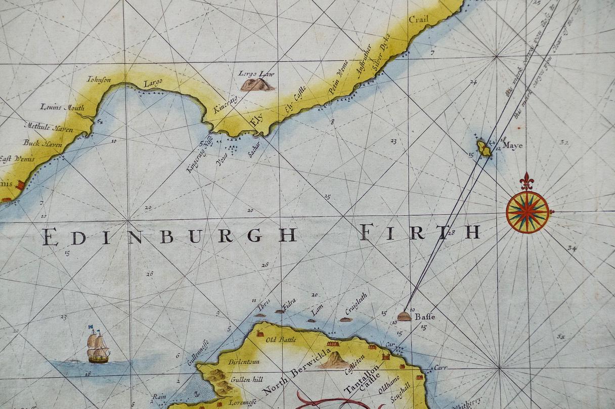 English Edinburgh, Scotland Coast: A 17th Century Hand-Colored Sea Chart by Collins For Sale