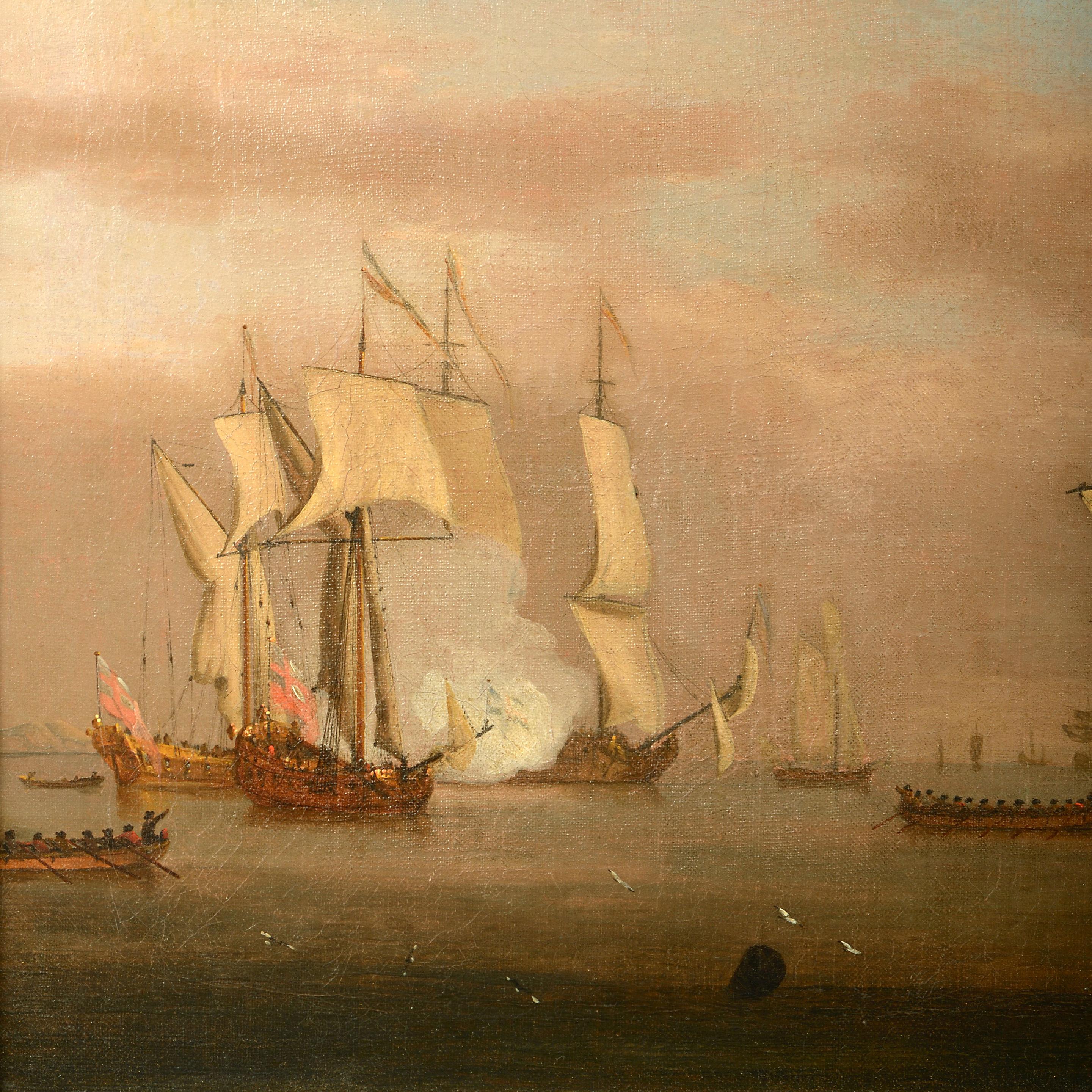Studio Willem van de Velde the Younger II (1633-1707) 

English ships near the shore firing guns in salute. 

Oil on canvas; held in a carved and gilded wood frame. Dimensions refer to framed dimensions. 

Provenance: Earls of Dundonald