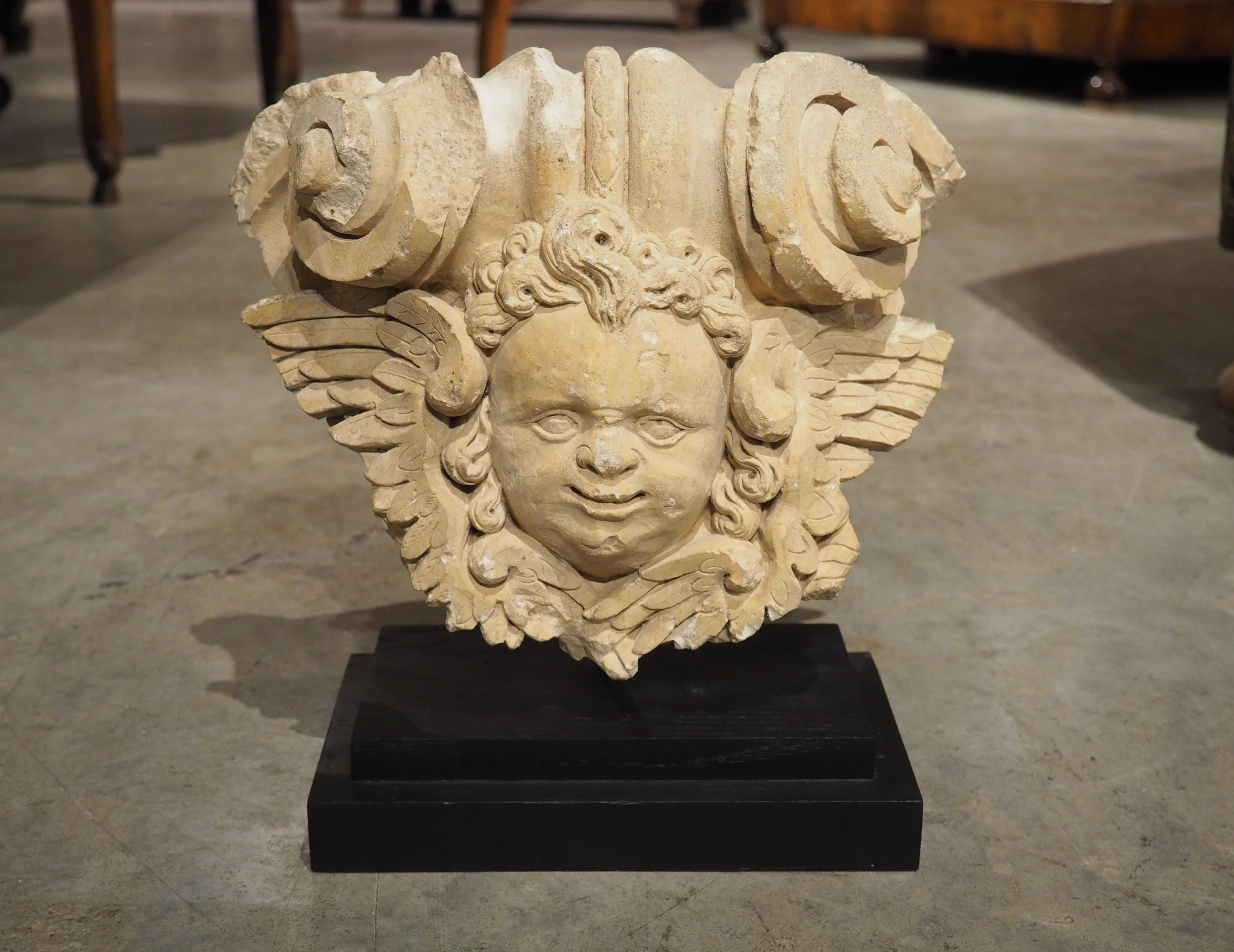 A 17th Century Mounted French Limestone Carving of a Winged Angel For Sale 3
