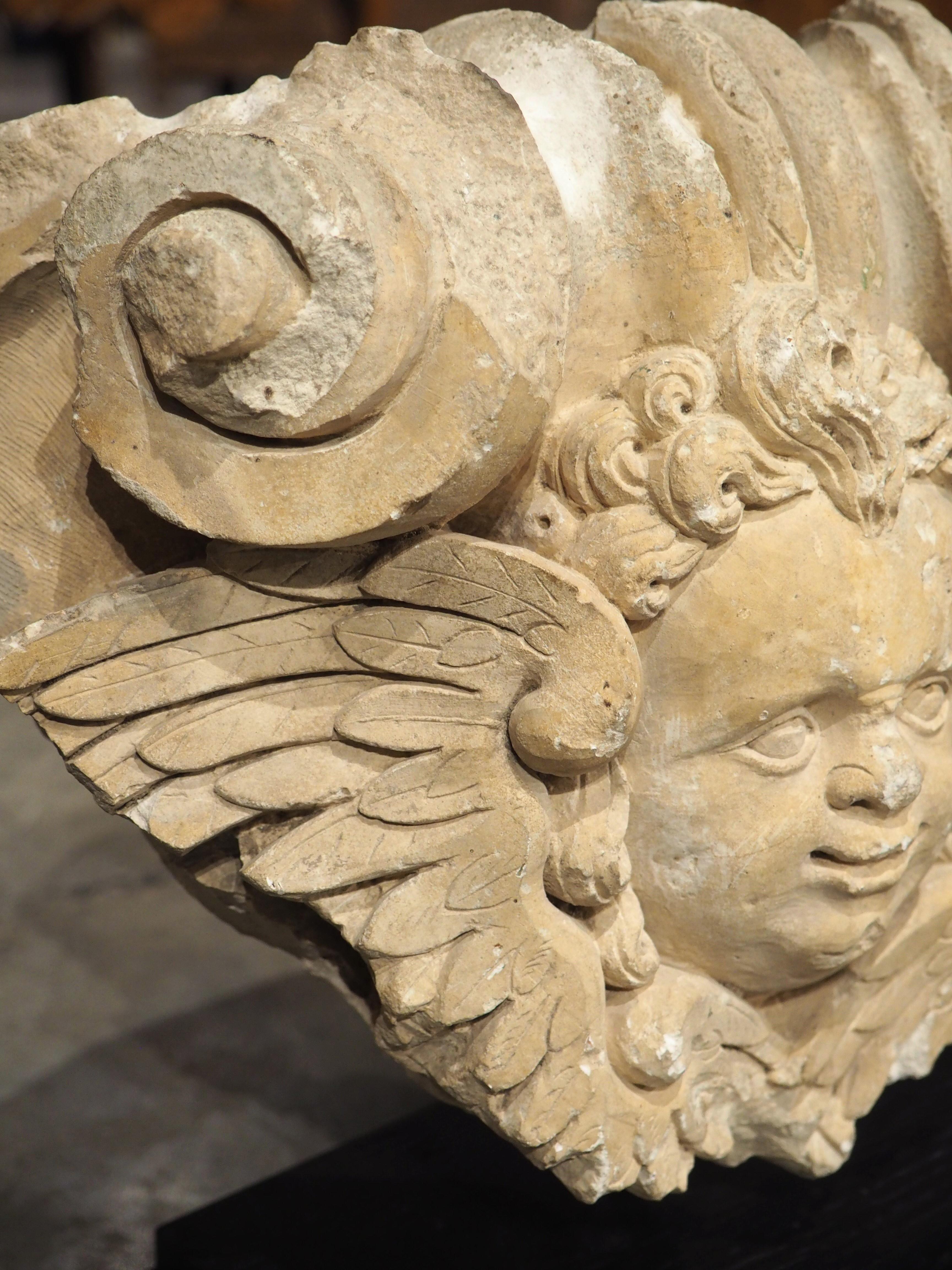 A 17th Century Mounted French Limestone Carving of a Winged Angel For Sale 1