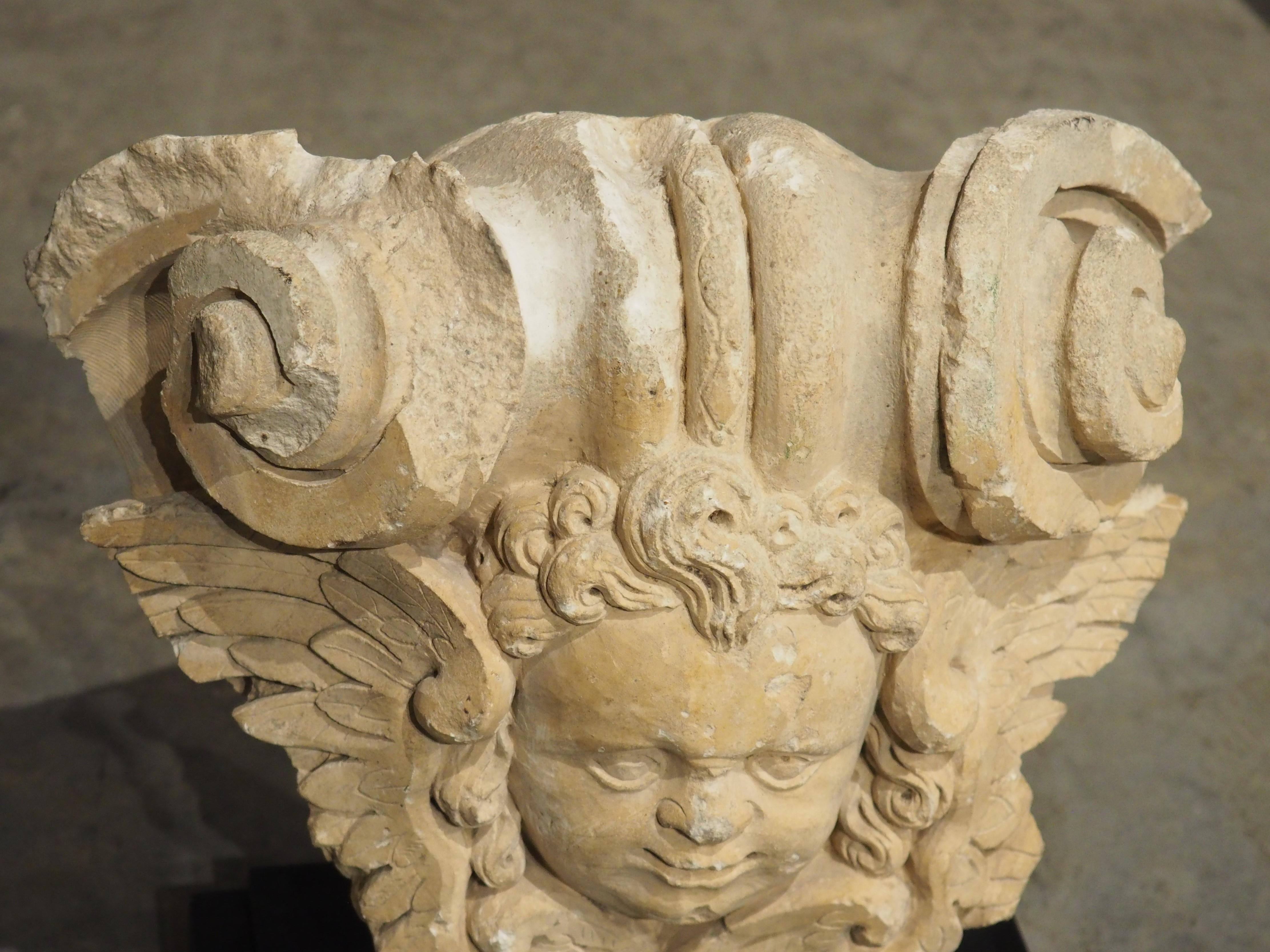 A 17th Century Mounted French Limestone Carving of a Winged Angel For Sale 2