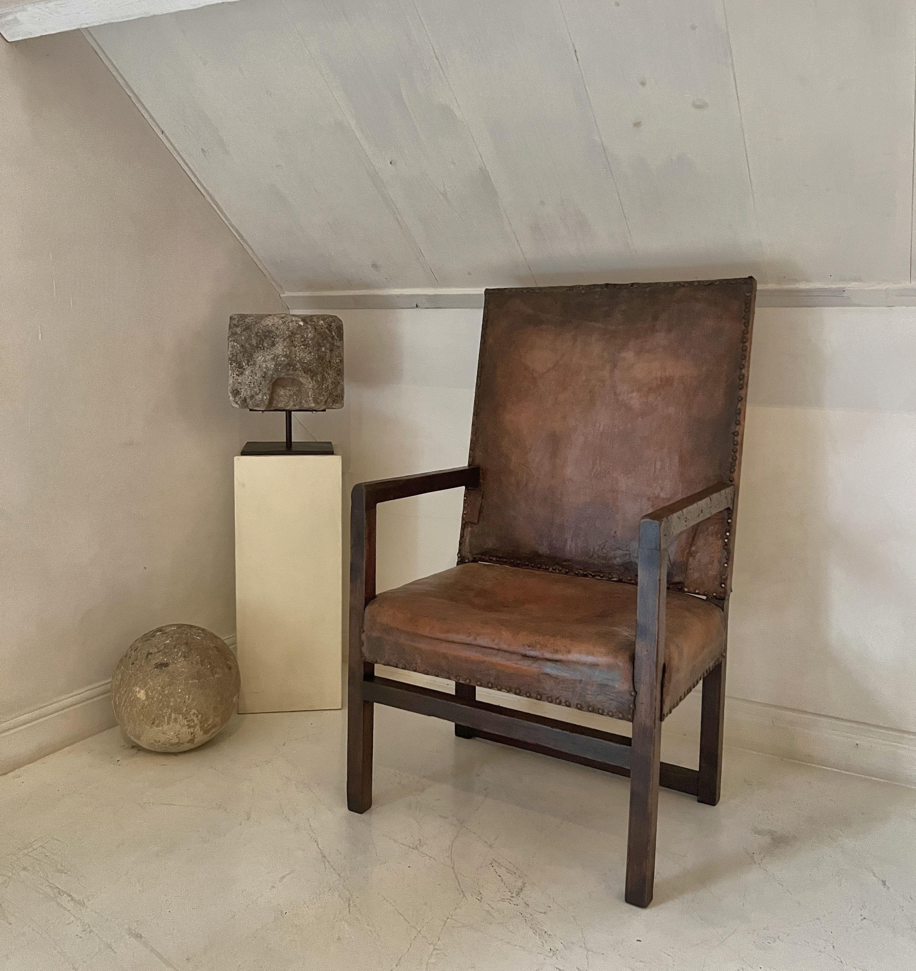 French A 17th century walnut and leather armchair modernist feel For Sale