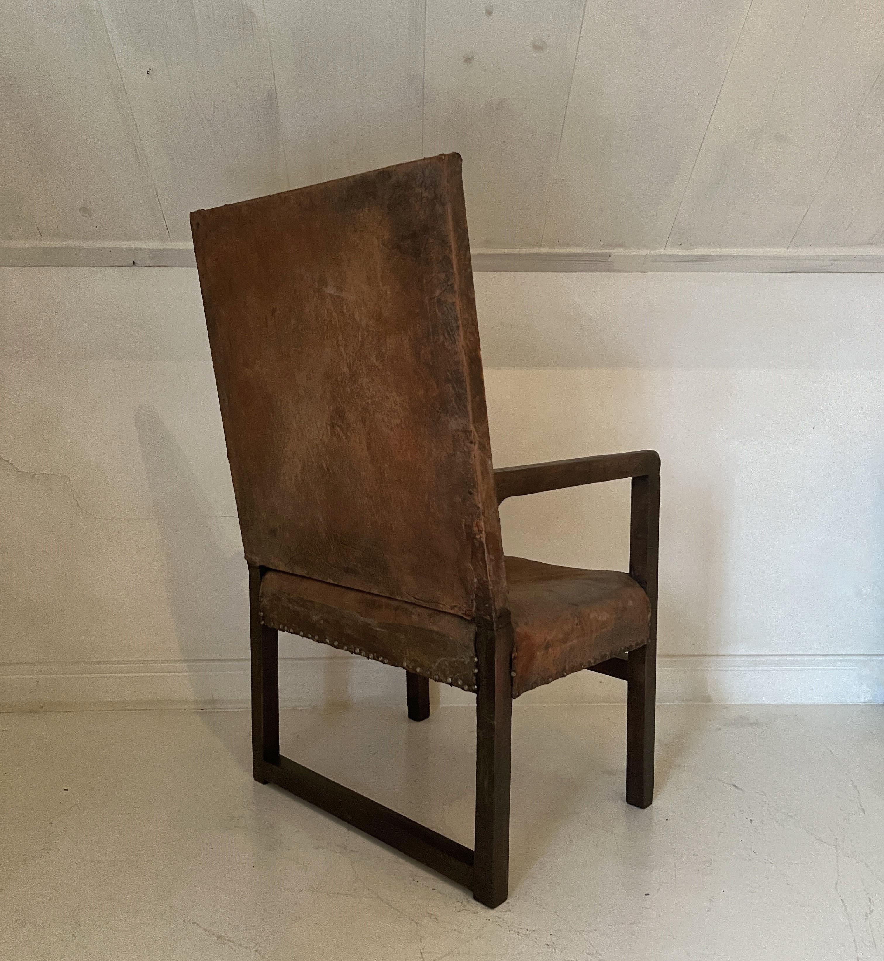 Leather A 17th century walnut and leather armchair modernist feel For Sale